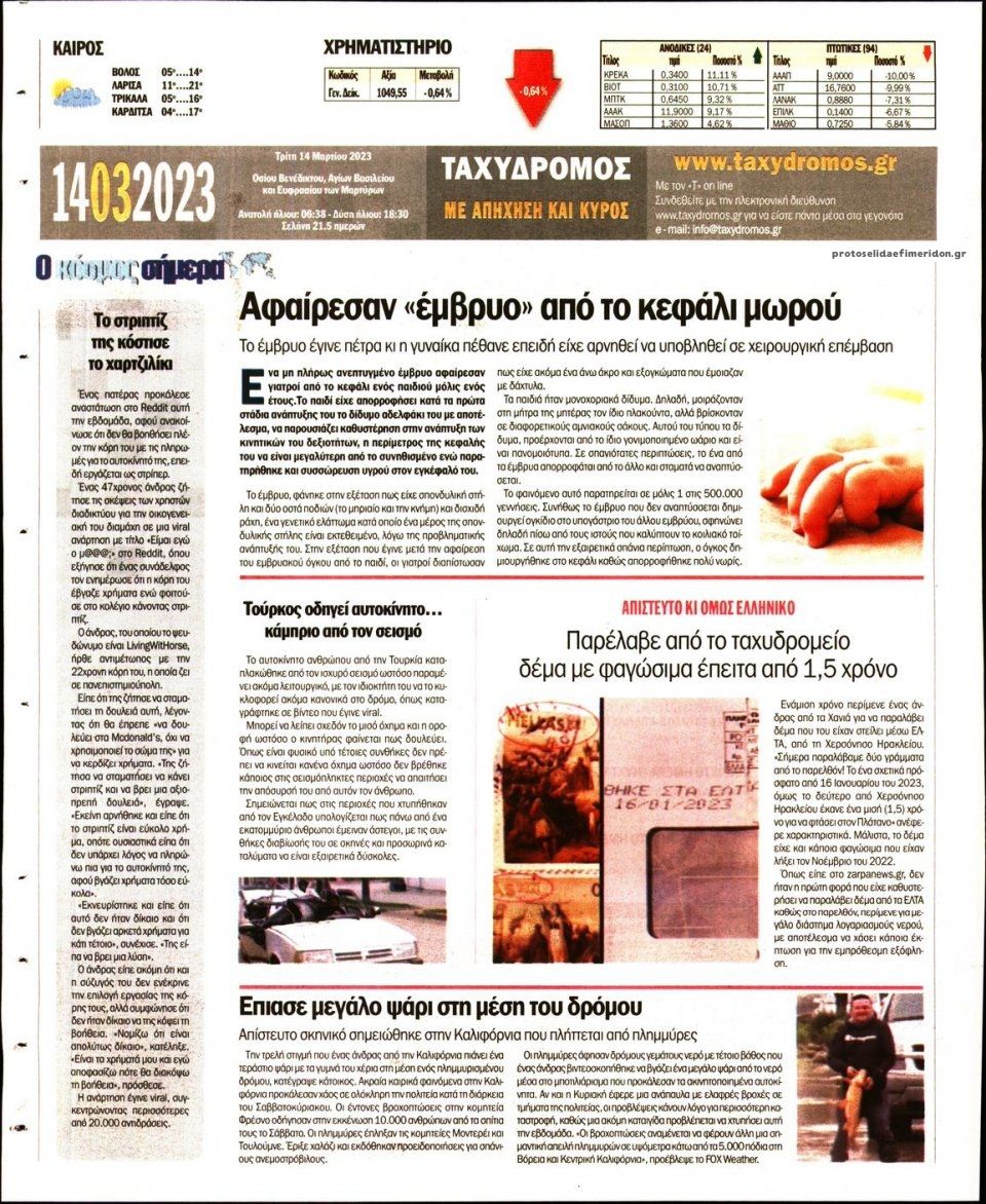 Οπισθόφυλλο εφημερίδας Ταχυδρόμος