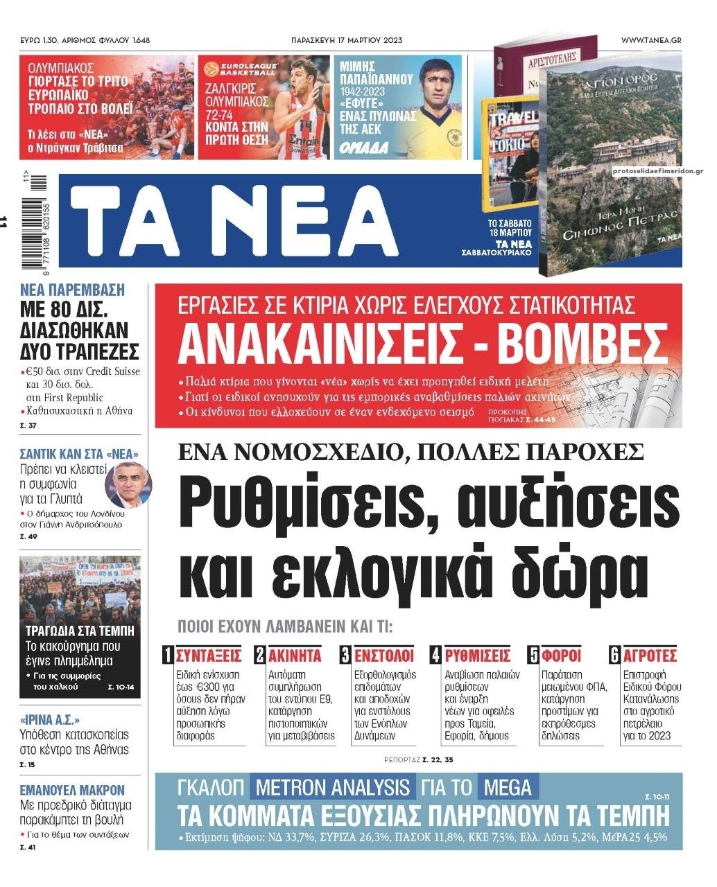 Πρωτοσέλιδο εφημερίδας Τα Νέα