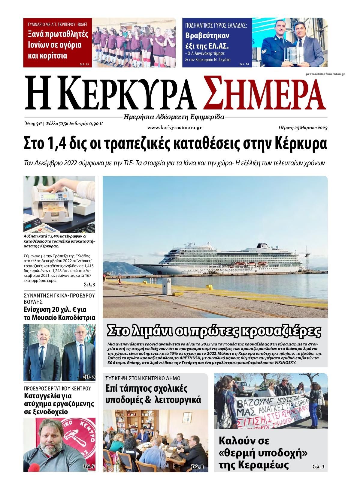 Πρωτοσέλιδο εφημερίδας Η Κέρκυρα Σήμερα