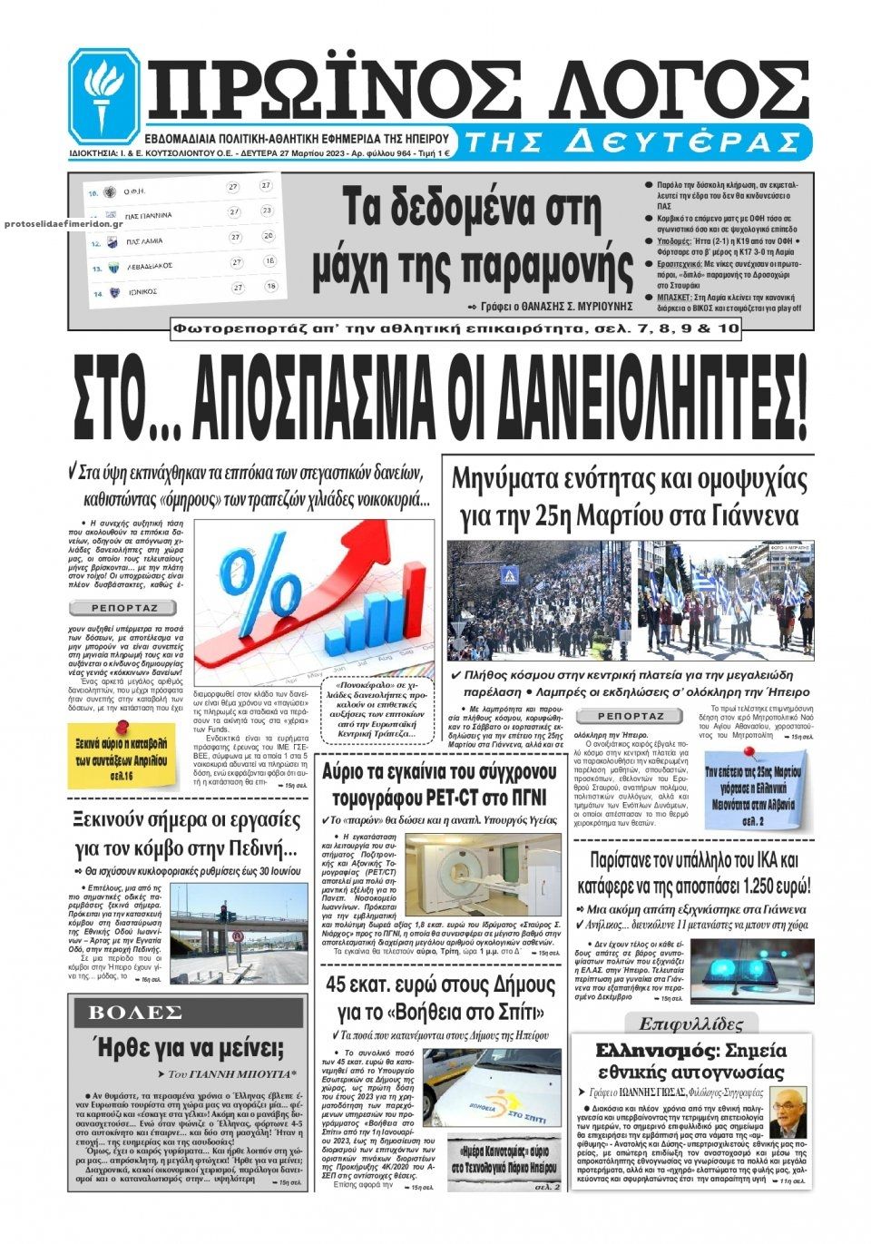Πρωτοσέλιδο εφημερίδας Πρωινός λόγος Ιωαννίνων