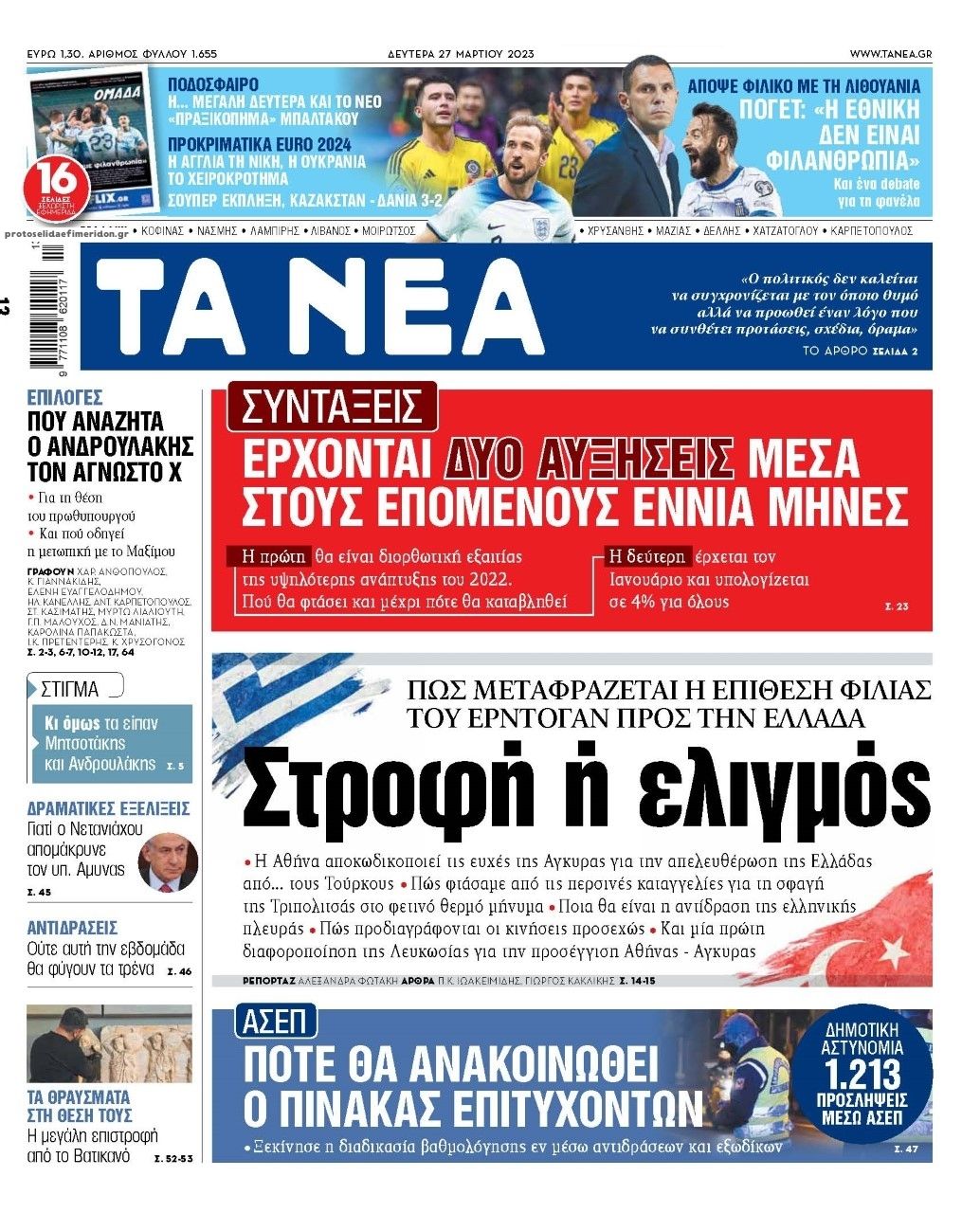 Πρωτοσέλιδο εφημερίδας Τα Νέα