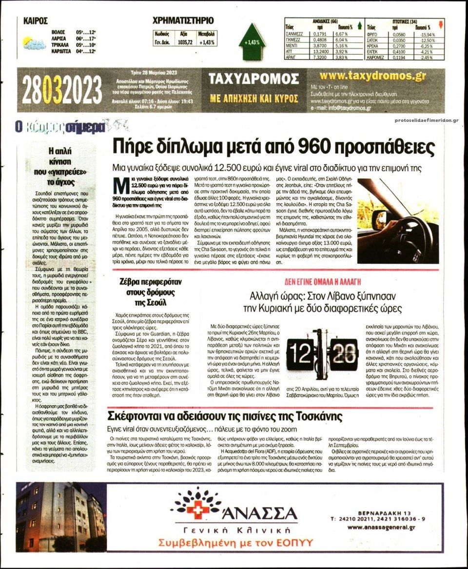 Οπισθόφυλλο εφημερίδας Ταχυδρόμος