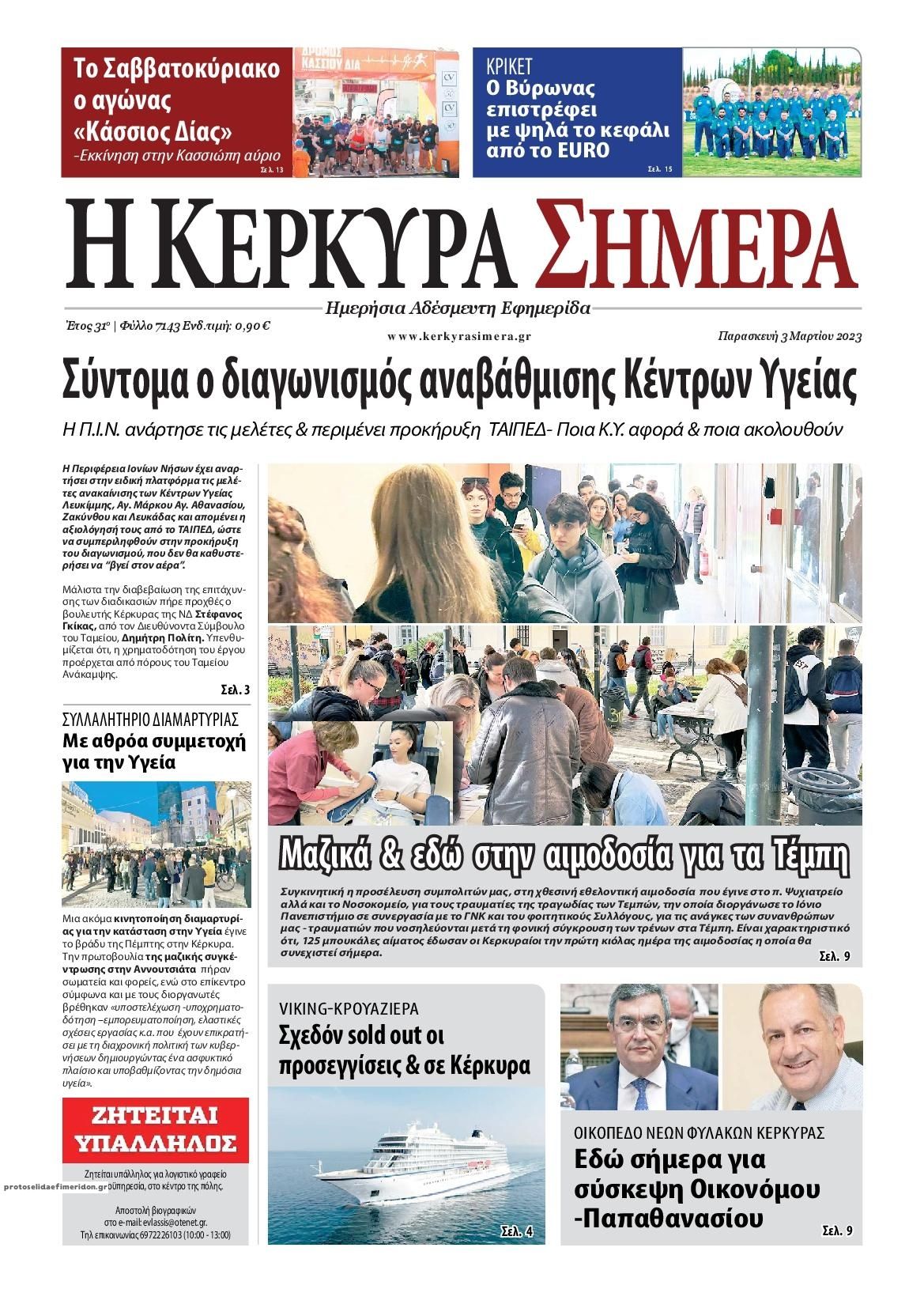 Πρωτοσέλιδο εφημερίδας Η Κέρκυρα Σήμερα
