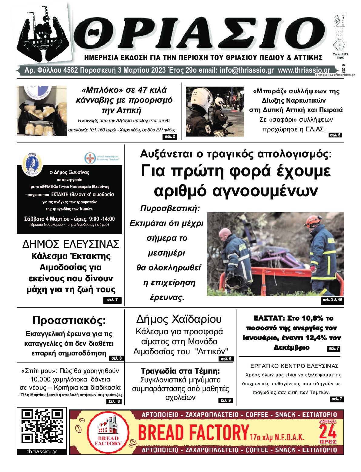 Πρωτοσέλιδο εφημερίδας Θριάσιο