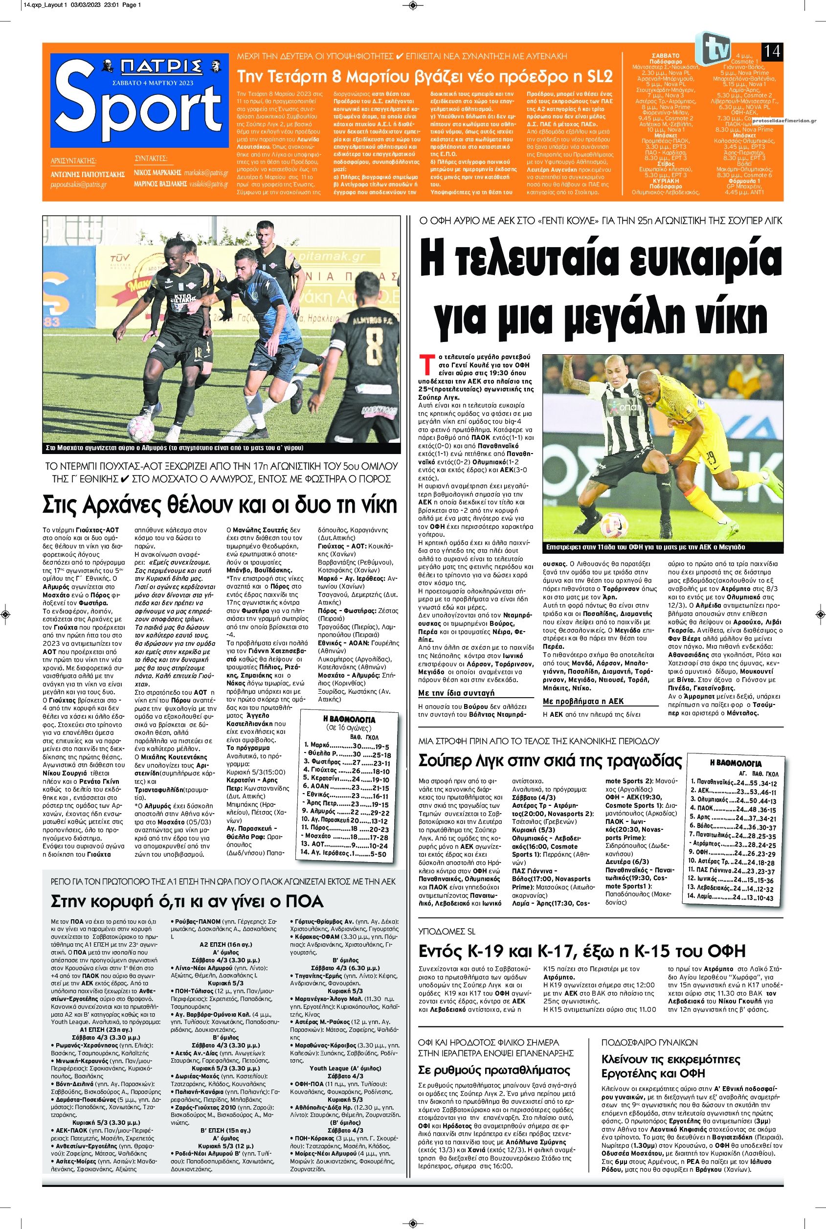 Πρωτοσέλιδο εφημερίδας Πατρίς Σπορ