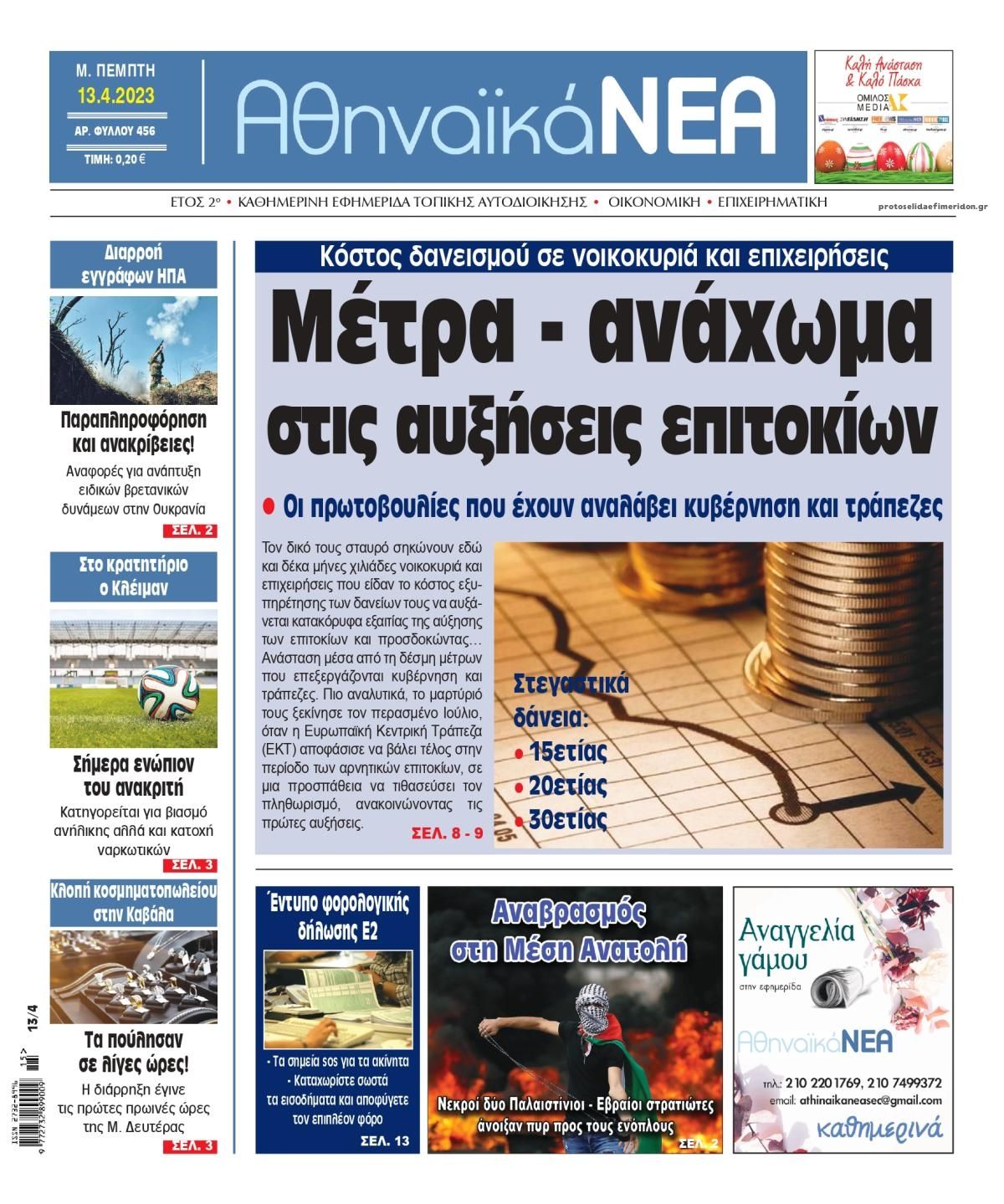 Πρωτοσέλιδο εφημερίδας Αθηναϊκά Νέα