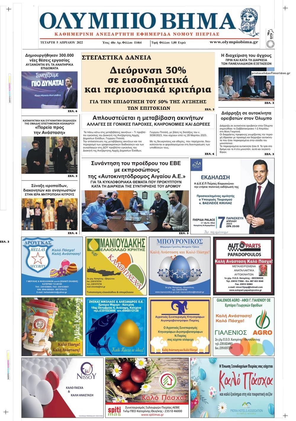 Πρωτοσέλιδο εφημερίδας Ολύμπιο Βήμα
