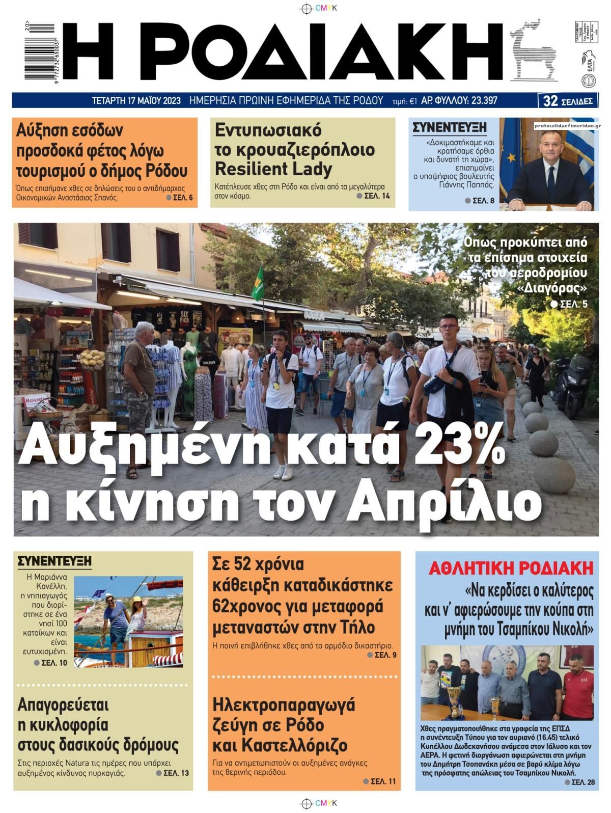 Πρωτοσέλιδο εφημερίδας Ροδιακή