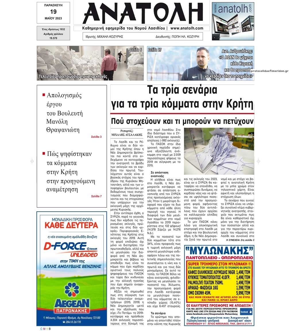 Πρωτοσέλιδο εφημερίδας Ανατολή