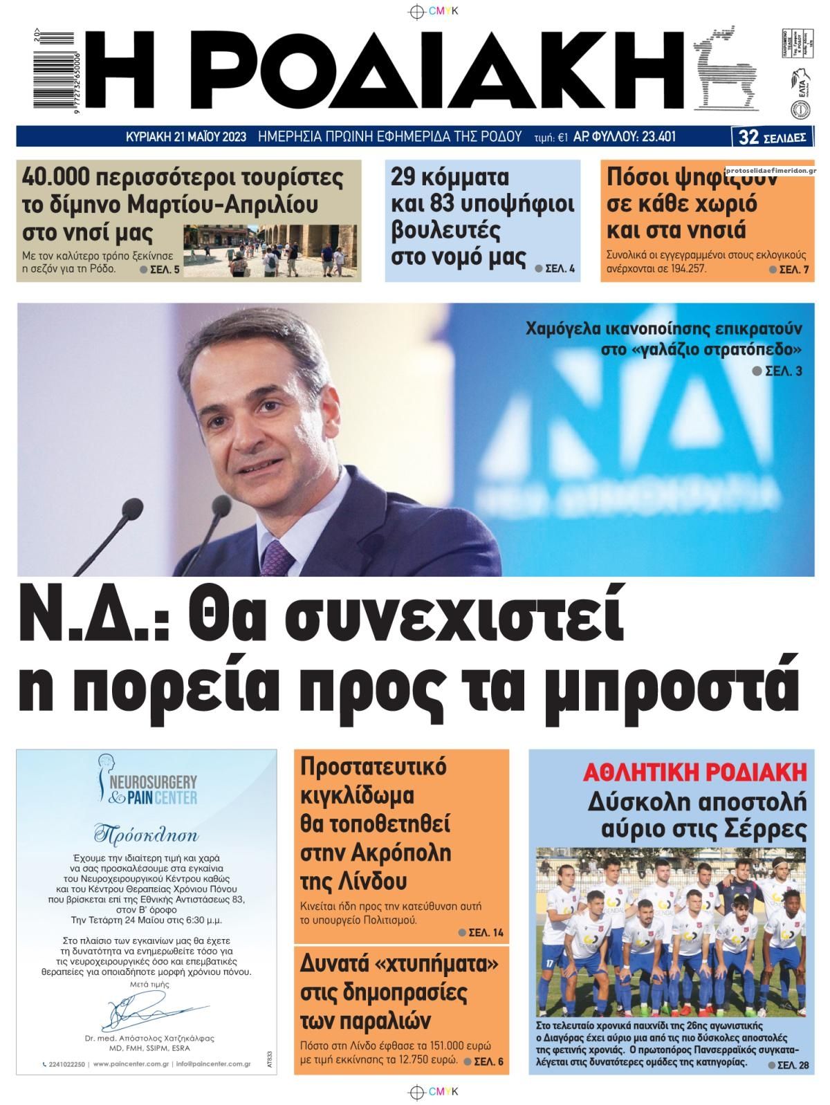 Πρωτοσέλιδο εφημερίδας Ροδιακή