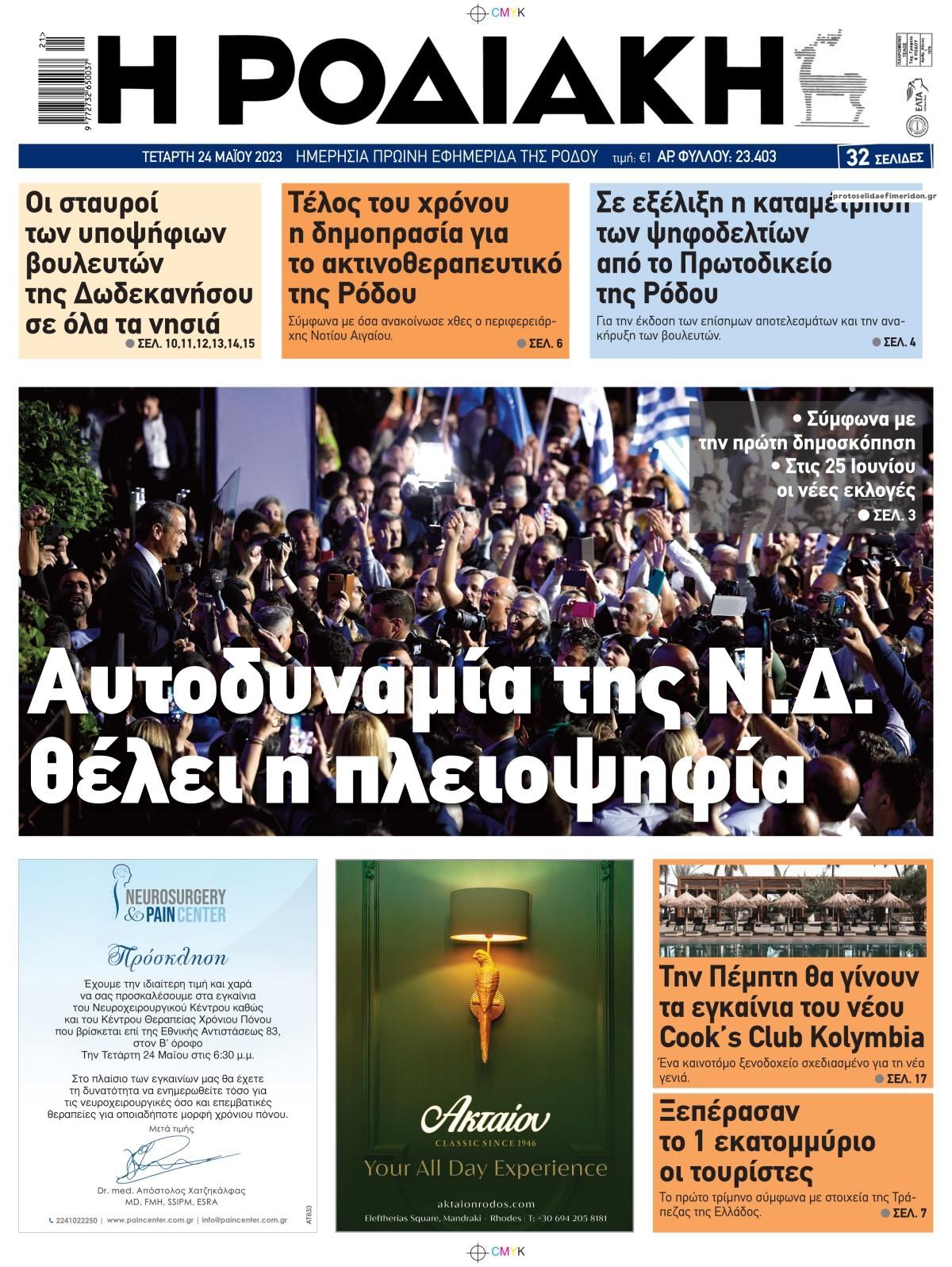 Πρωτοσέλιδο εφημερίδας Ροδιακή