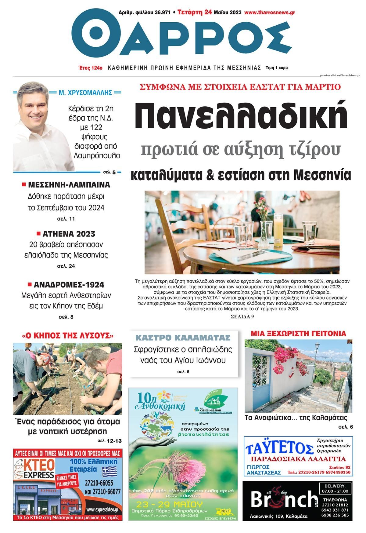 Πρωτοσέλιδο εφημερίδας Θάρρος Μεσσηνίας