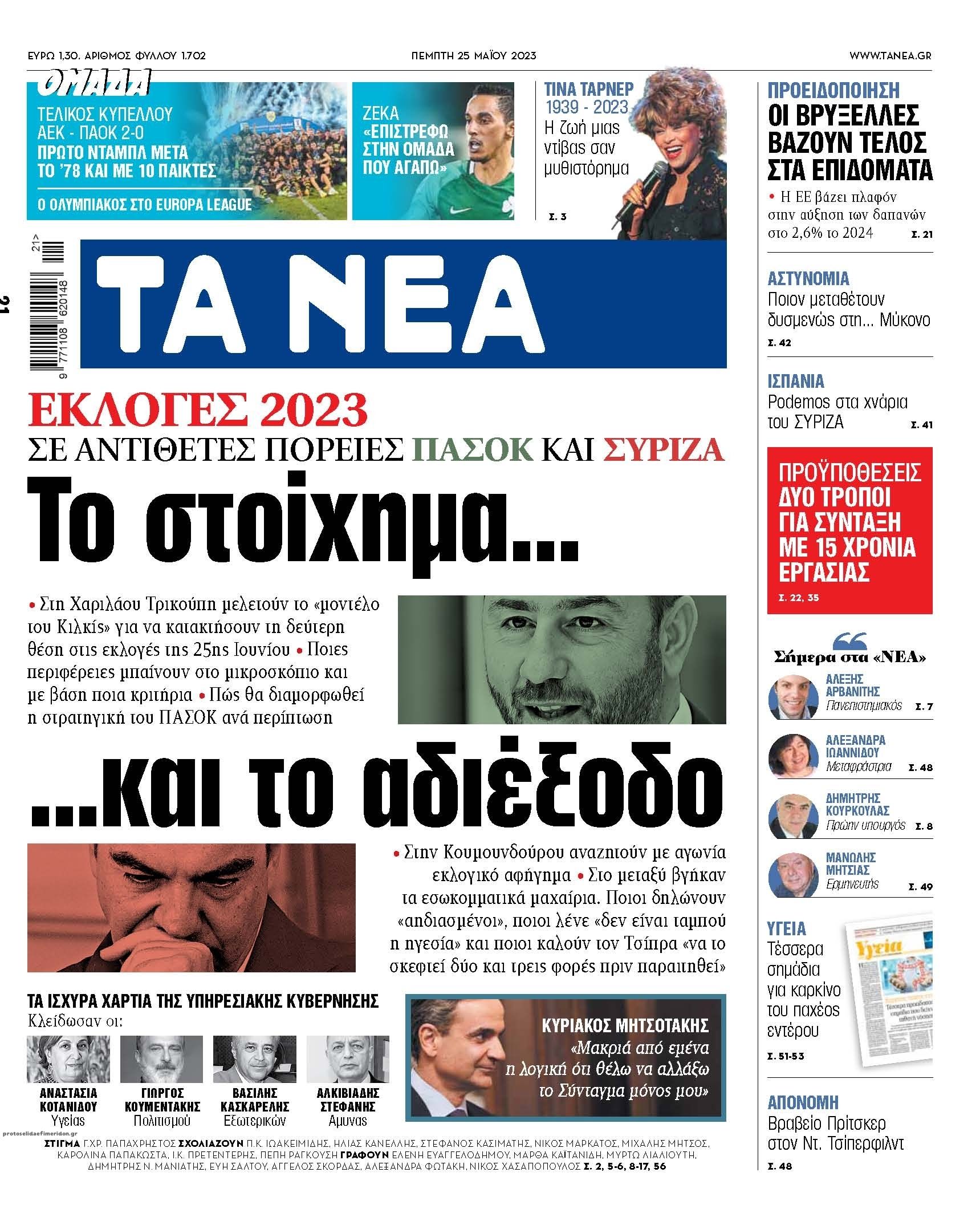 Πρωτοσέλιδο εφημερίδας Τα Νέα