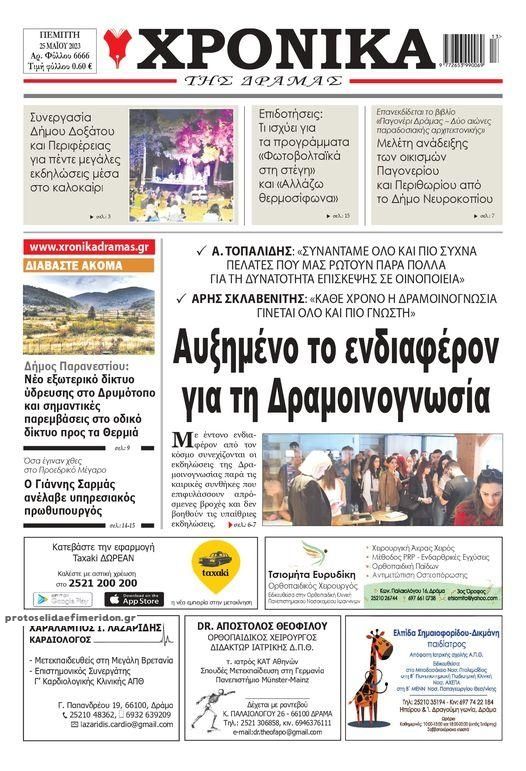 Πρωτοσέλιδο εφημερίδας Χρονικά Δράμας