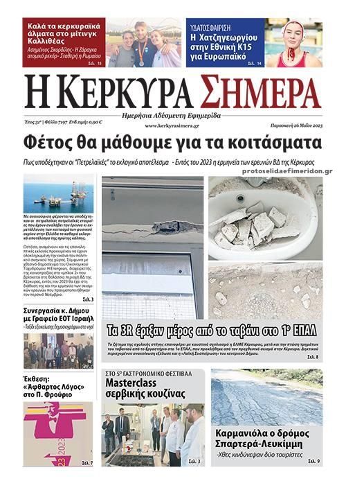 Πρωτοσέλιδο εφημερίδας Η Κέρκυρα Σήμερα