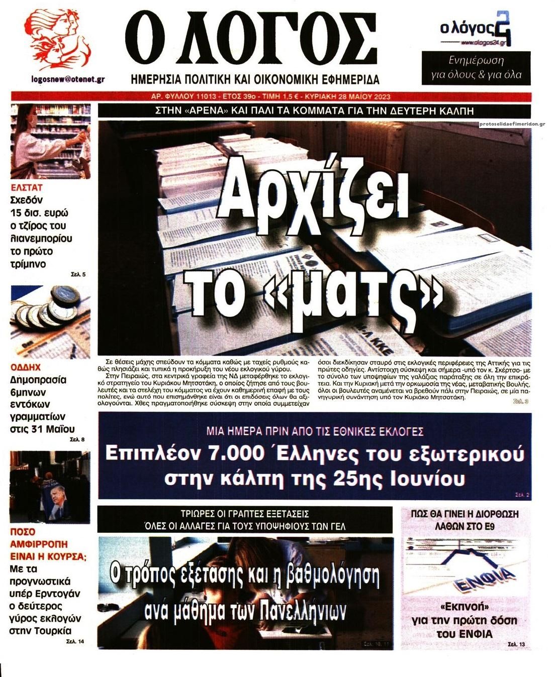 Πρωτοσέλιδο εφημερίδας Λόγος