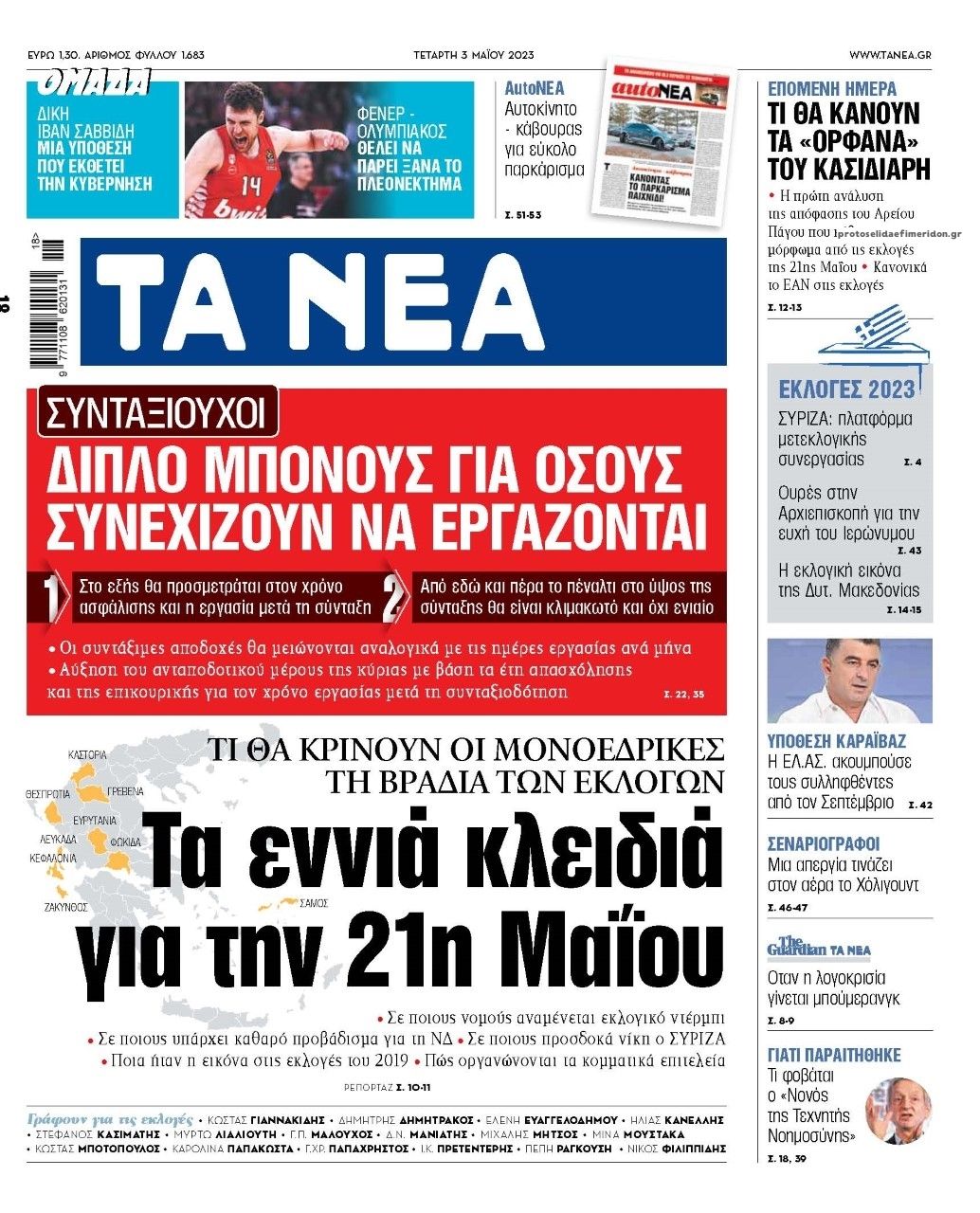 Πρωτοσέλιδο εφημερίδας Τα Νέα