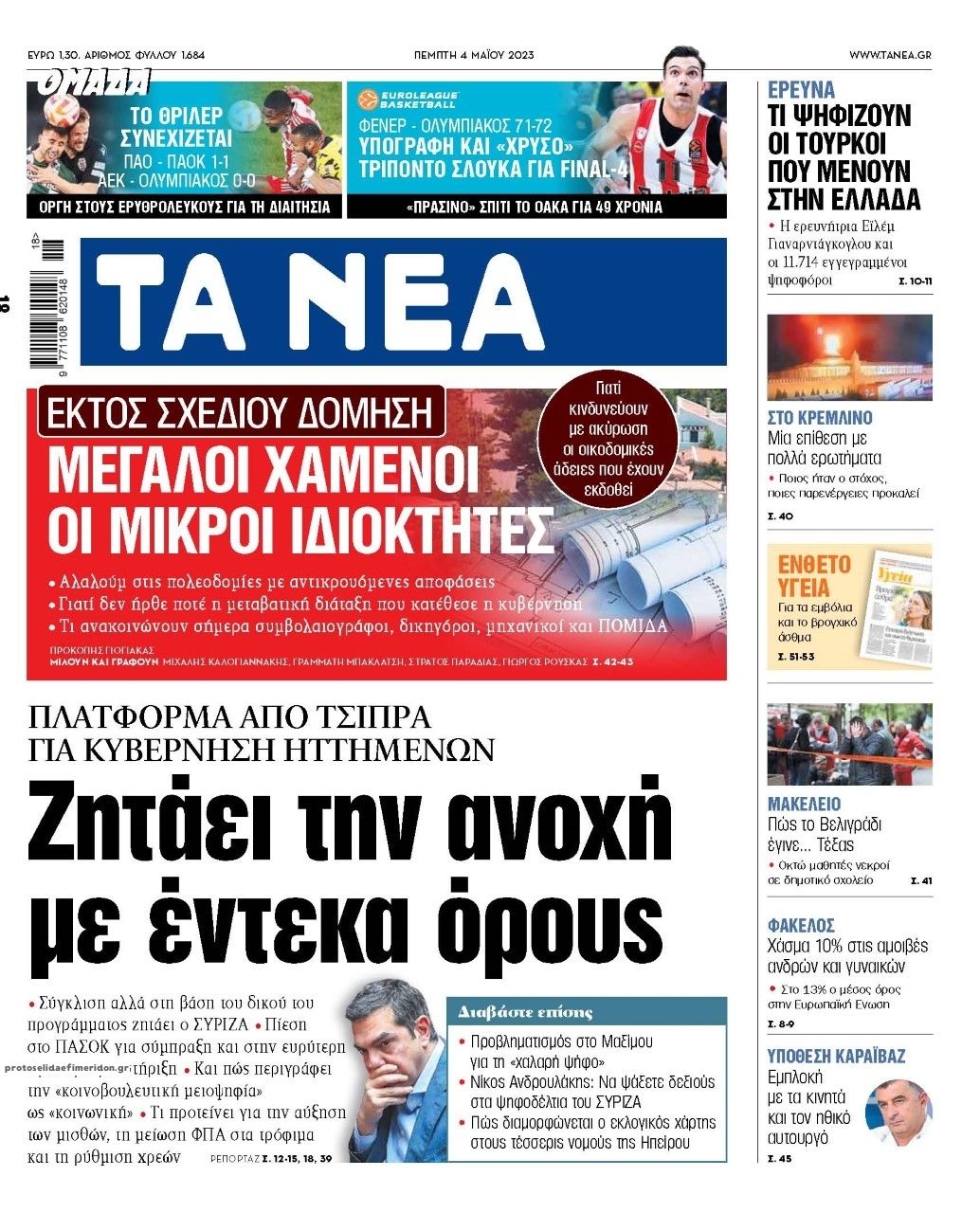 Πρωτοσέλιδο εφημερίδας Τα Νέα