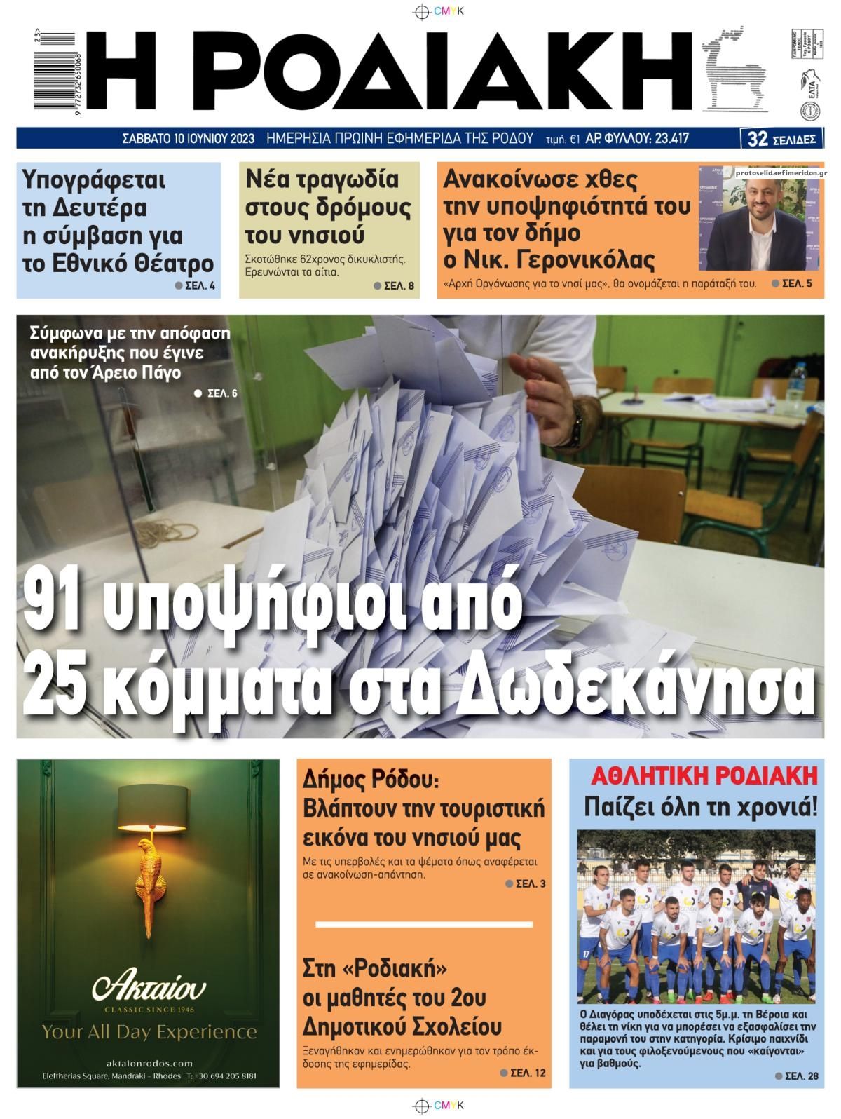 Πρωτοσέλιδο εφημερίδας Ροδιακή