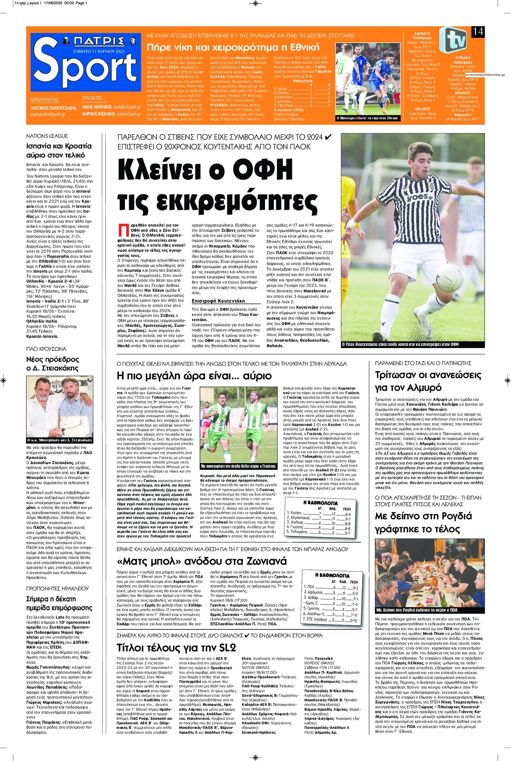 Πρωτοσέλιδο εφημερίδας Πατρίς Σπορ