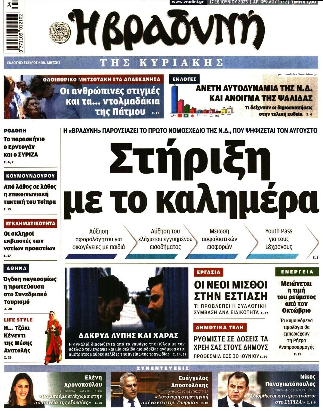 Πρωτοσέλιδο εφημερίδας Βραδυνή Κ.