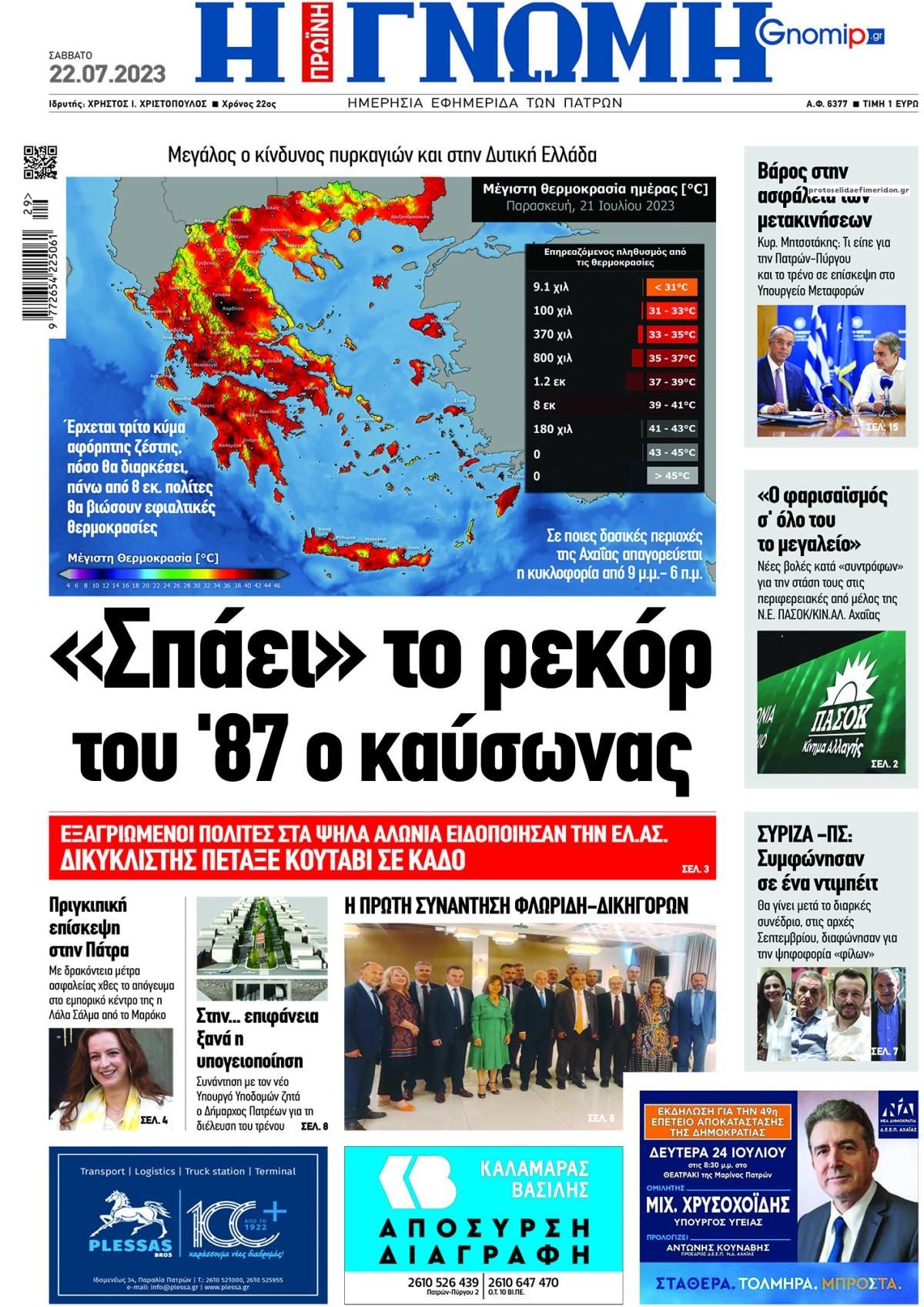 Πρωτοσέλιδο εφημερίδας Γνώμη της Πάτρας