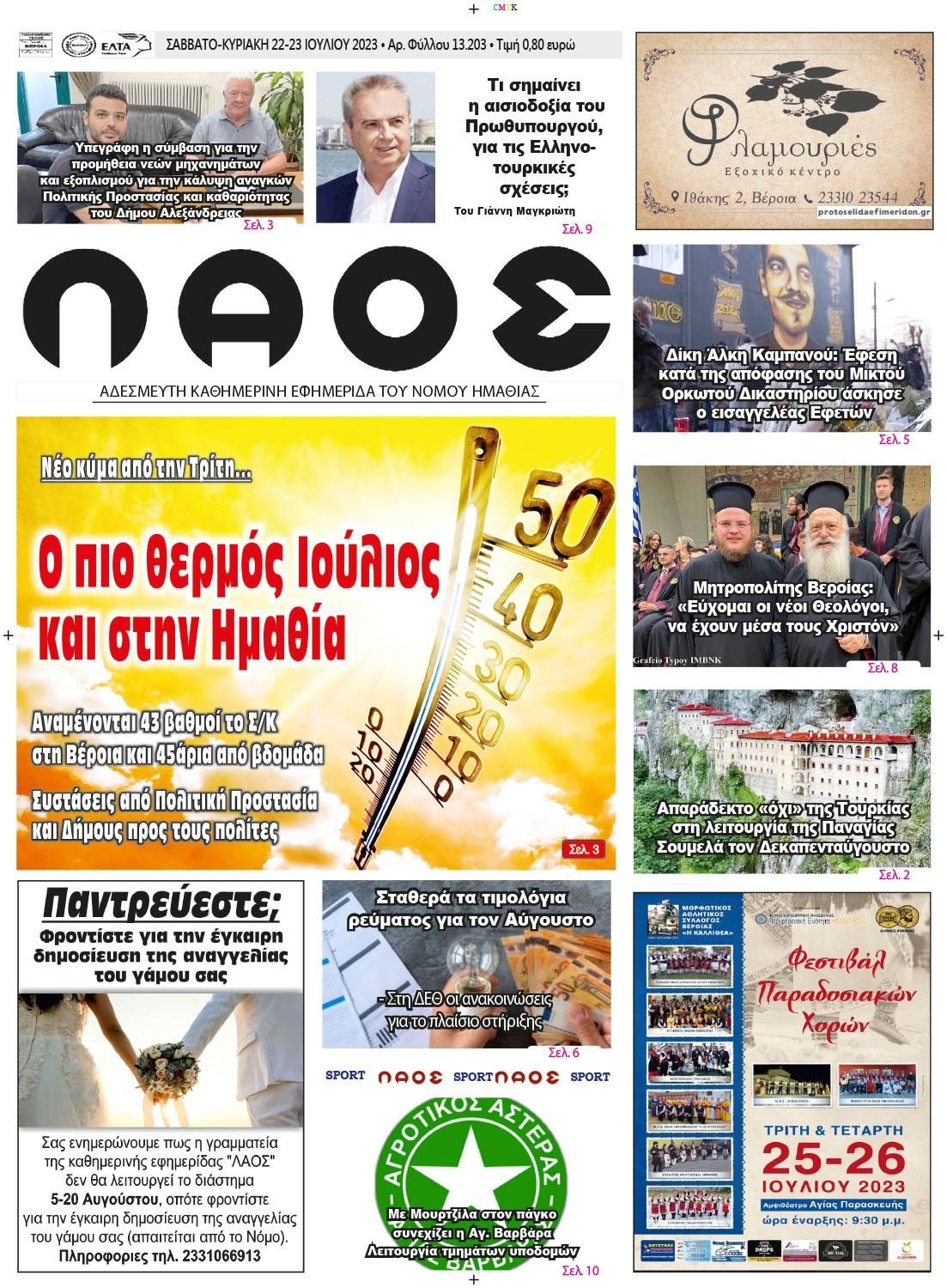 Πρωτοσέλιδο εφημερίδας Λαός Βέροιας