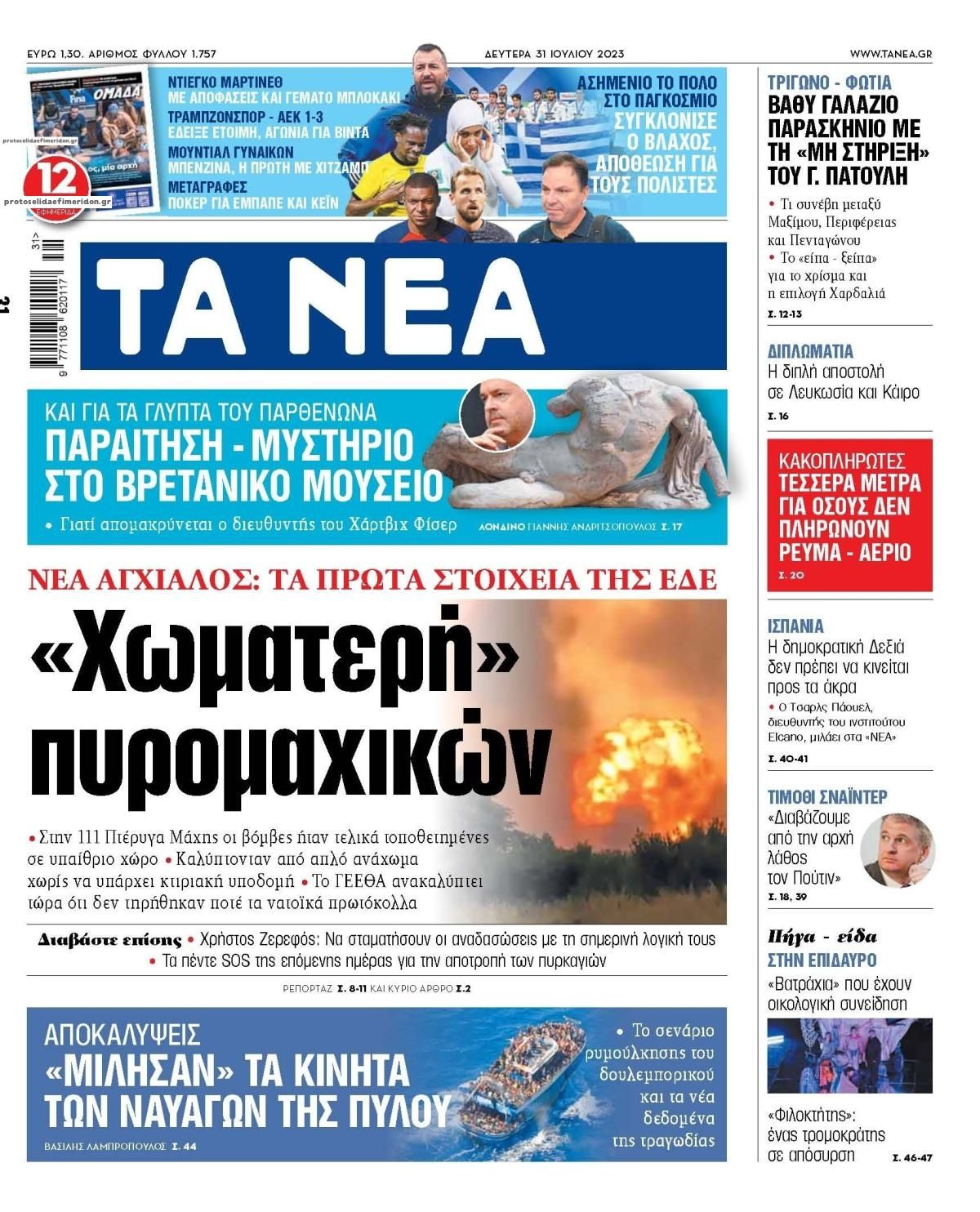 Πρωτοσέλιδο εφημερίδας Τα Νέα