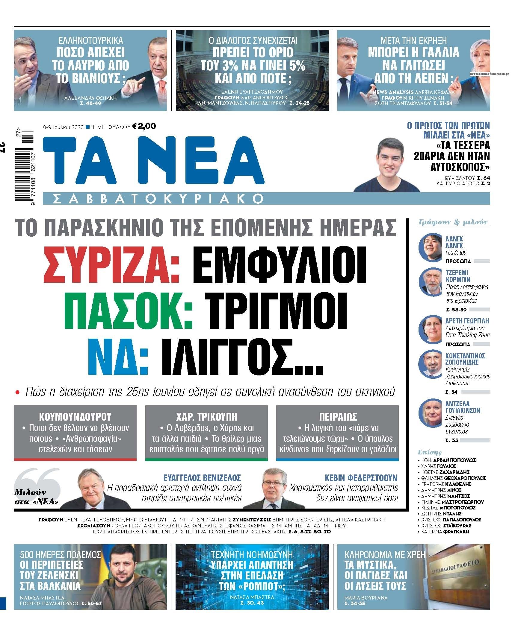 Πρωτοσέλιδο εφημερίδας Τα Νέα