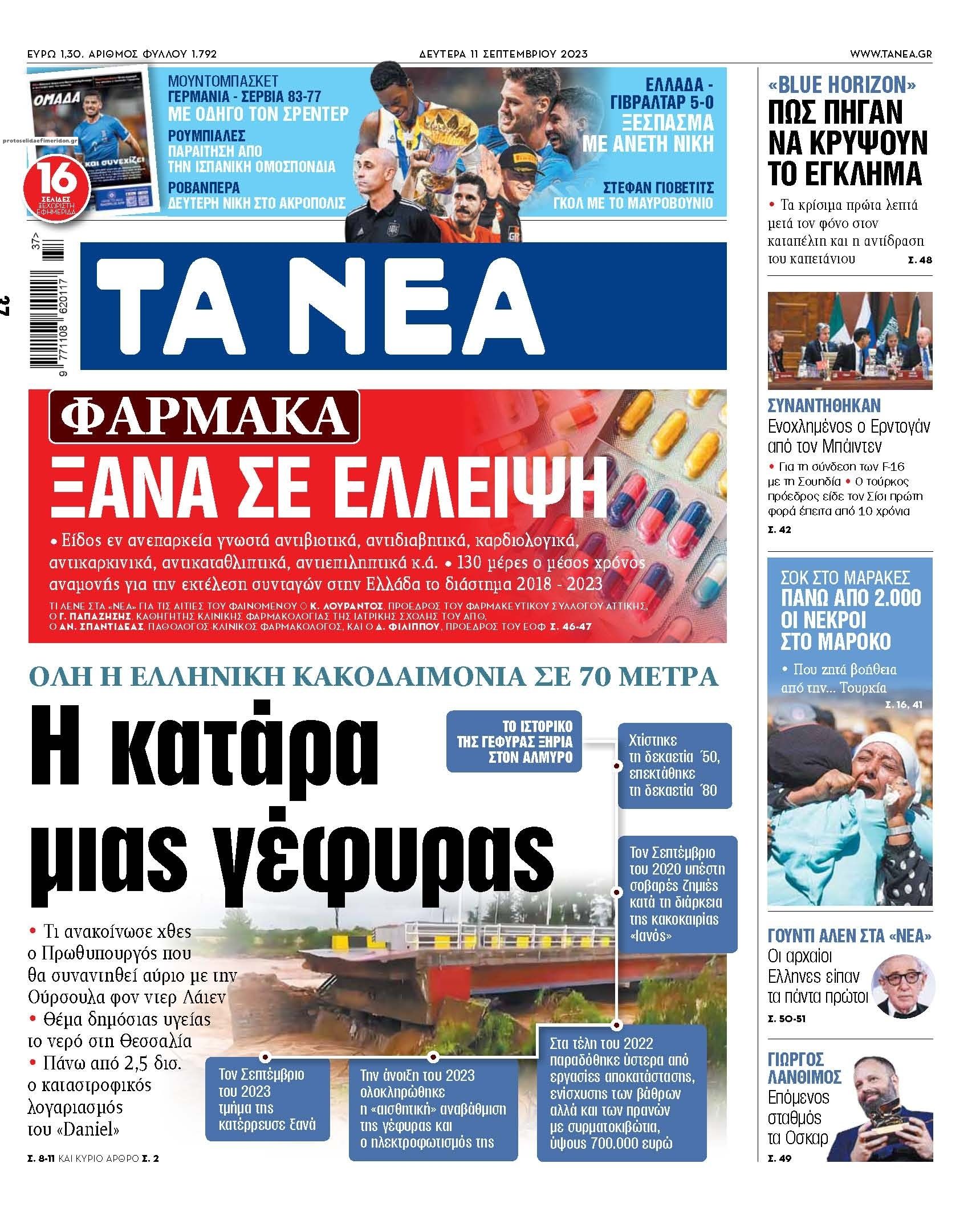 Πρωτοσέλιδο εφημερίδας Τα Νέα