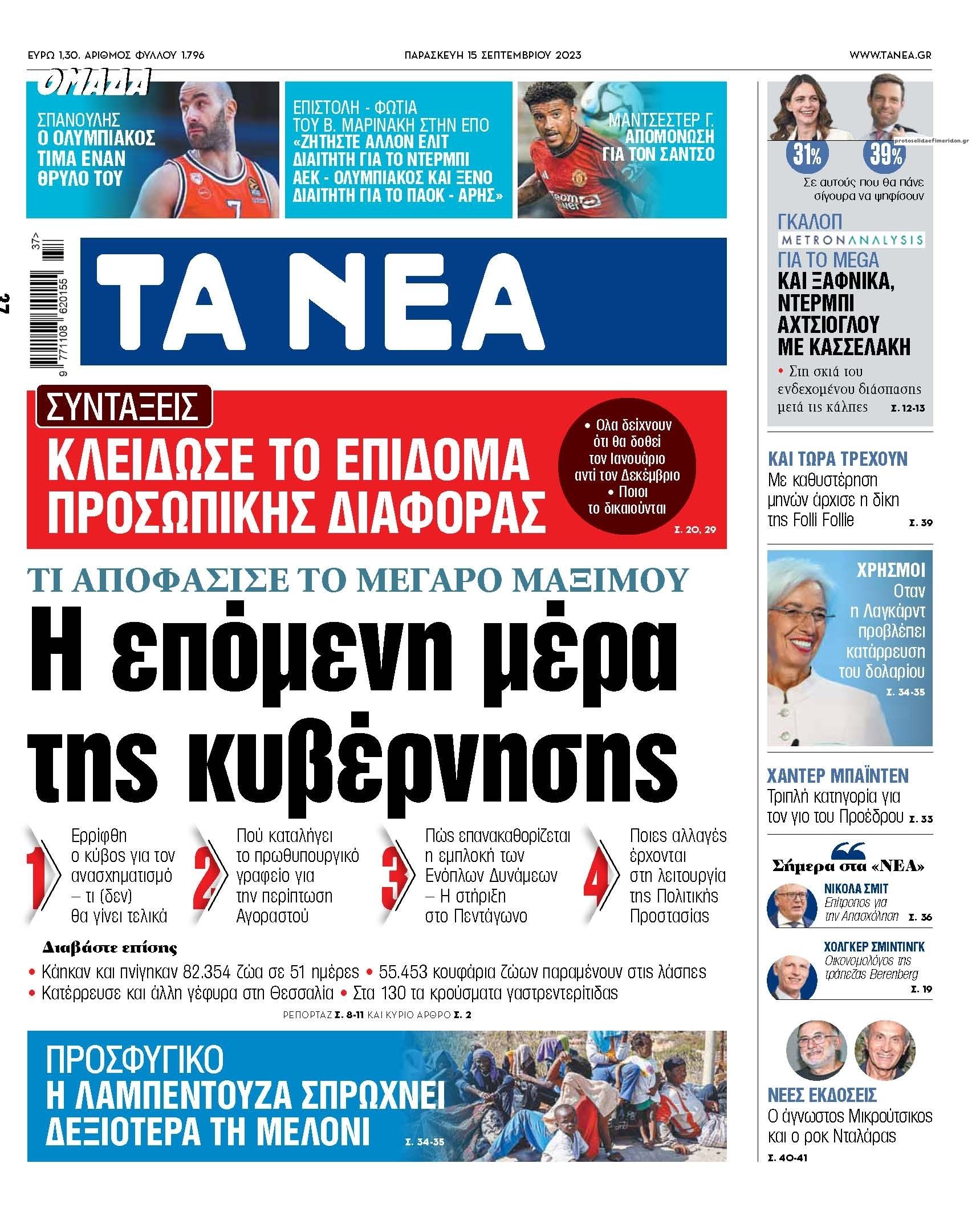 Πρωτοσέλιδο εφημερίδας Τα Νέα