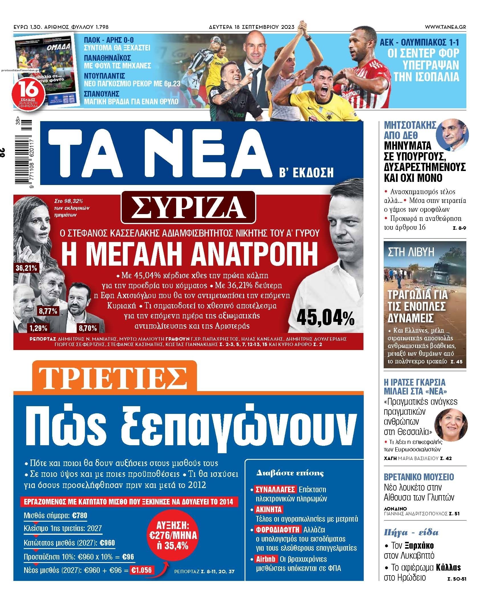 Πρωτοσέλιδο εφημερίδας Τα Νέα