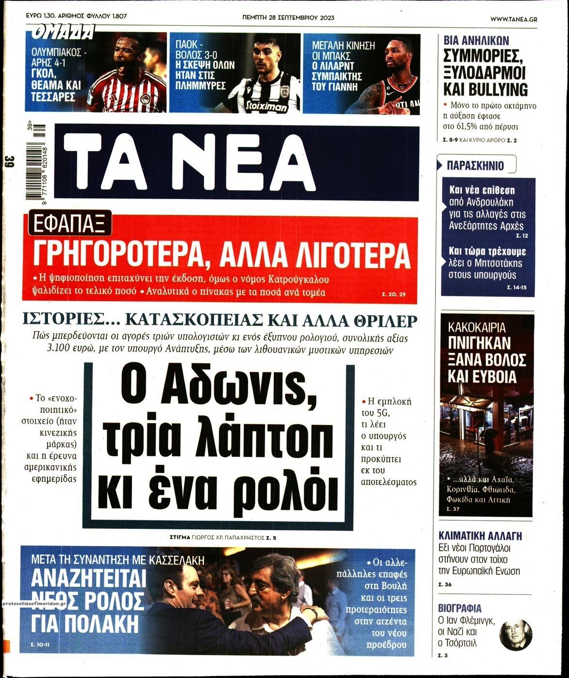 Πρωτοσέλιδο εφημερίδας Τα Νέα