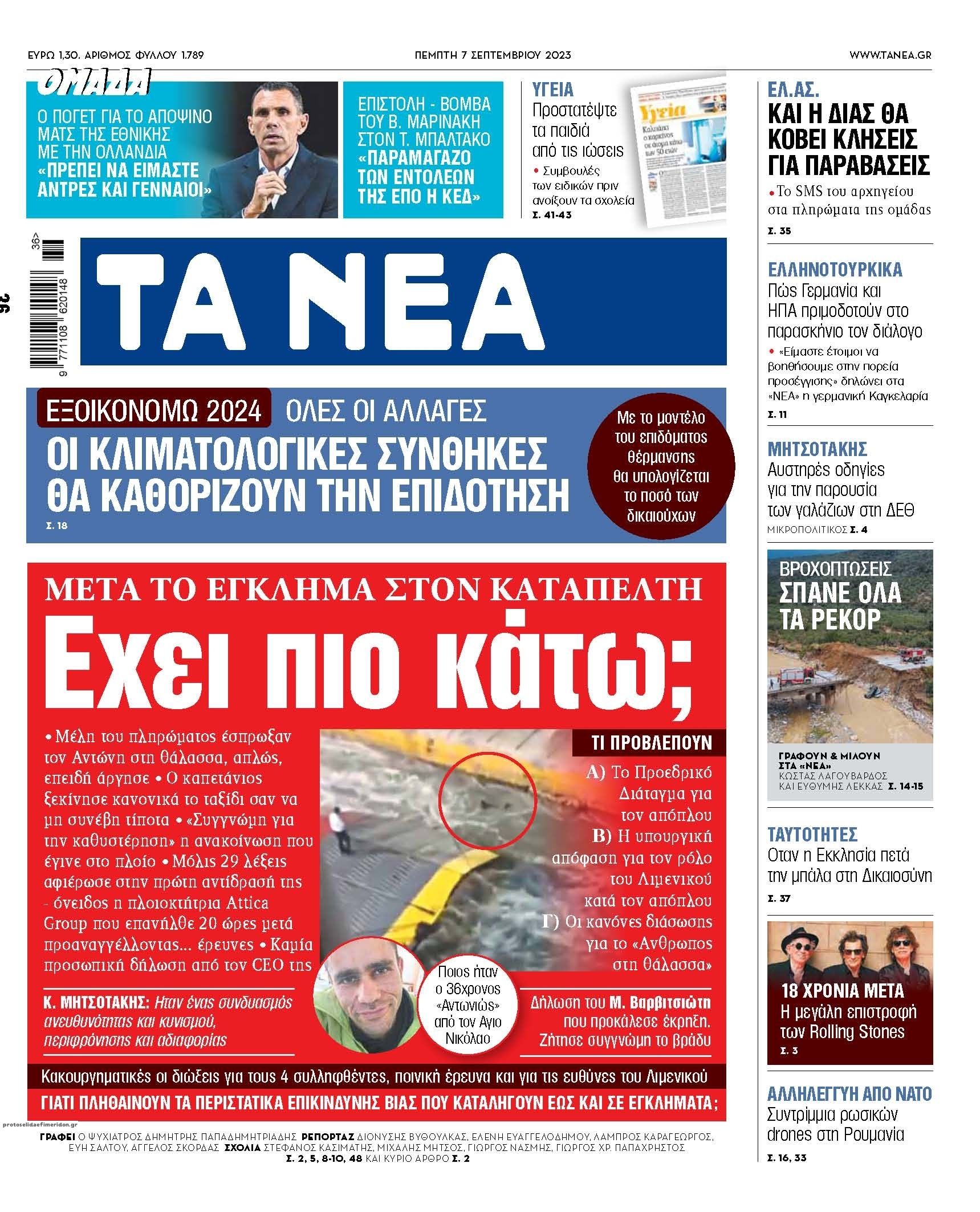 Πρωτοσέλιδο εφημερίδας Τα Νέα