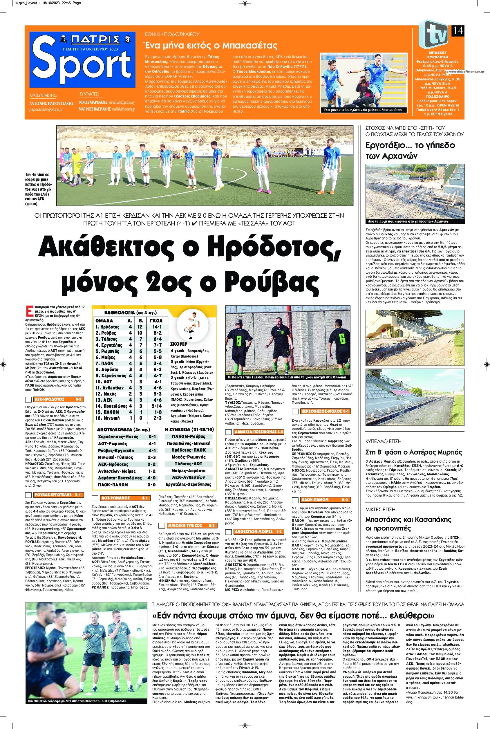 Πρωτοσέλιδο εφημερίδας Πατρίς Σπορ