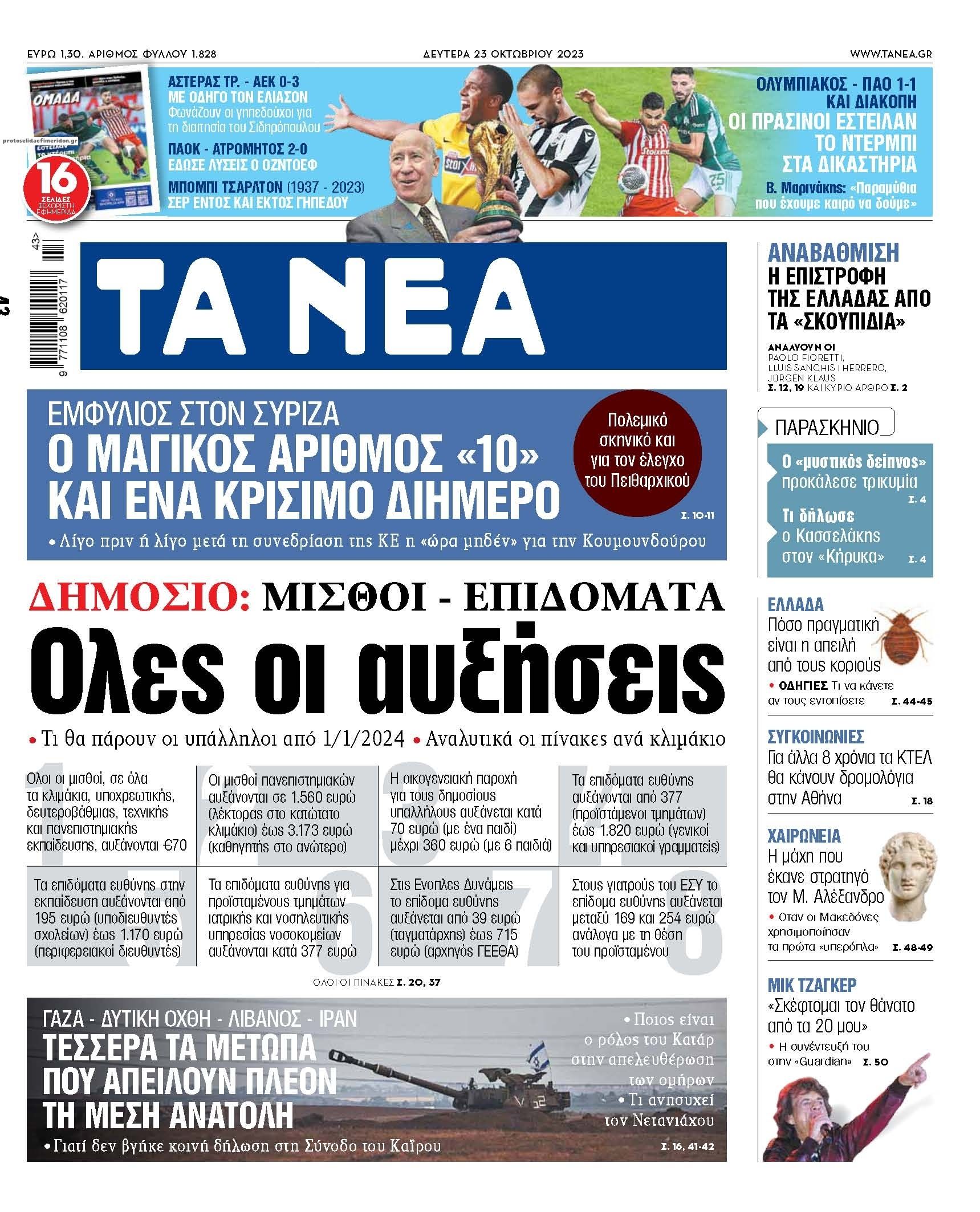 Πρωτοσέλιδο εφημερίδας Τα Νέα