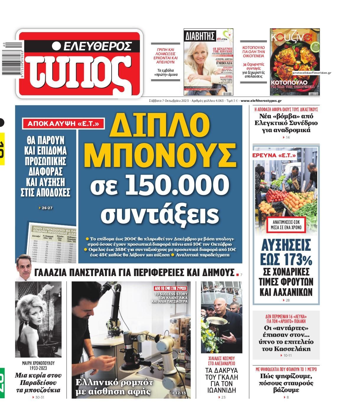 Πρωτοσέλιδο εφημερίδας Ελεύθερος Τύπος