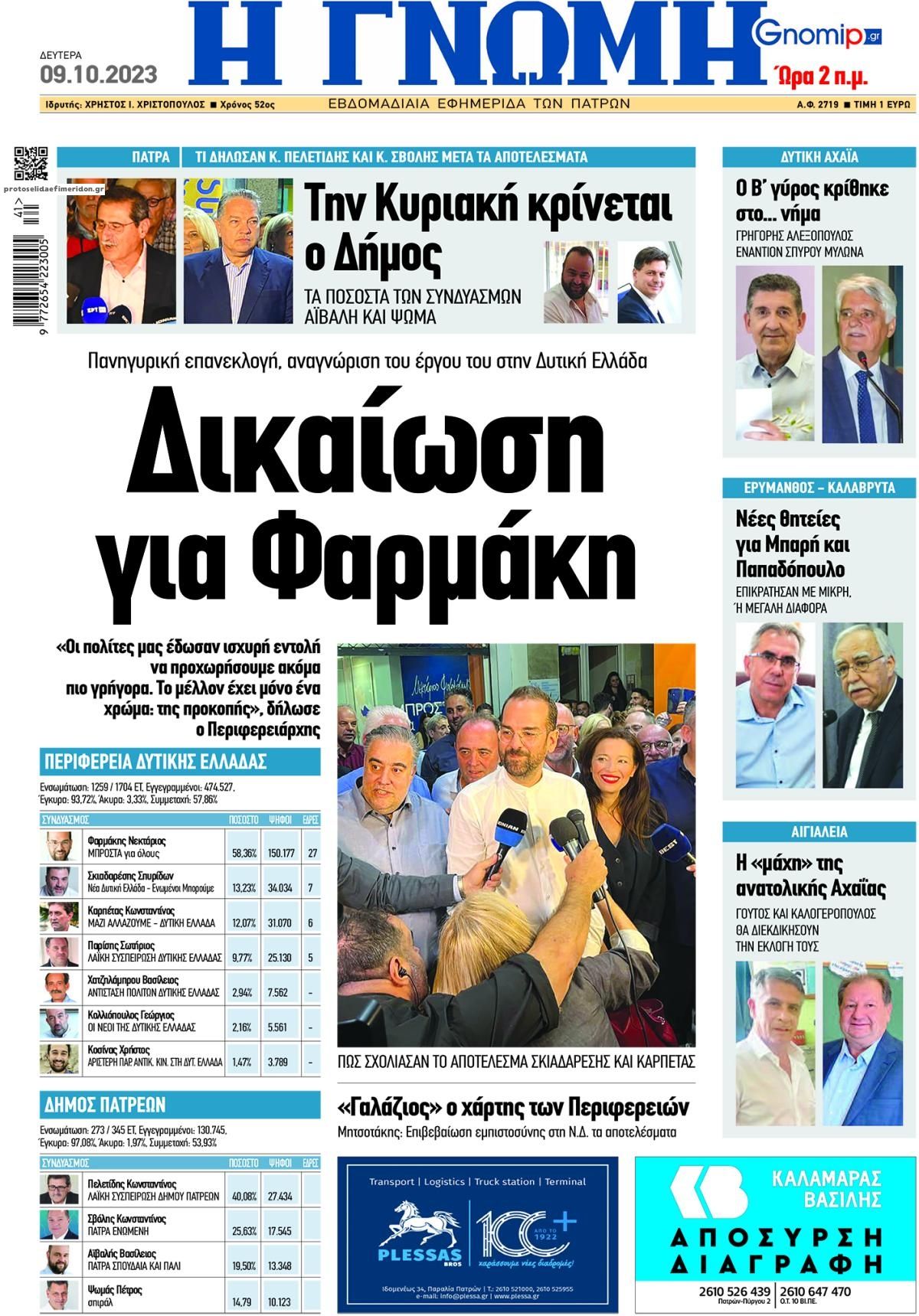 Πρωτοσέλιδο εφημερίδας Γνώμη της Πάτρας