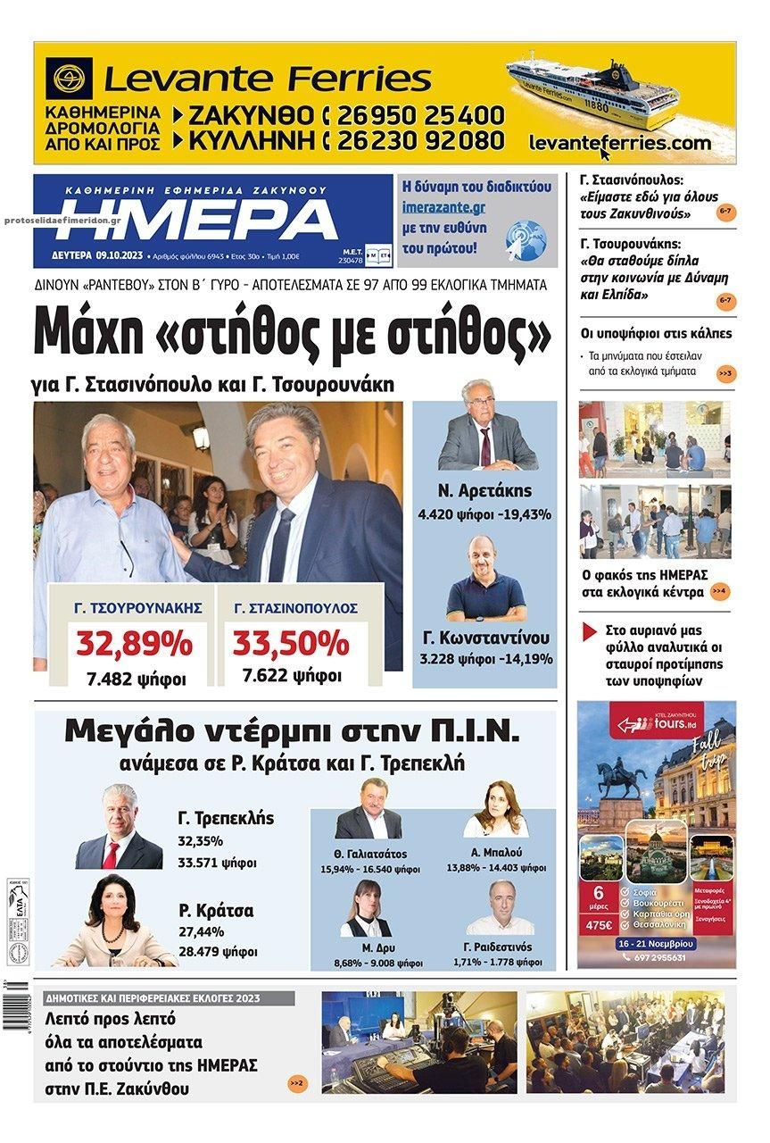 Πρωτοσέλιδο εφημερίδας Ημέρα Ζακύνθου
