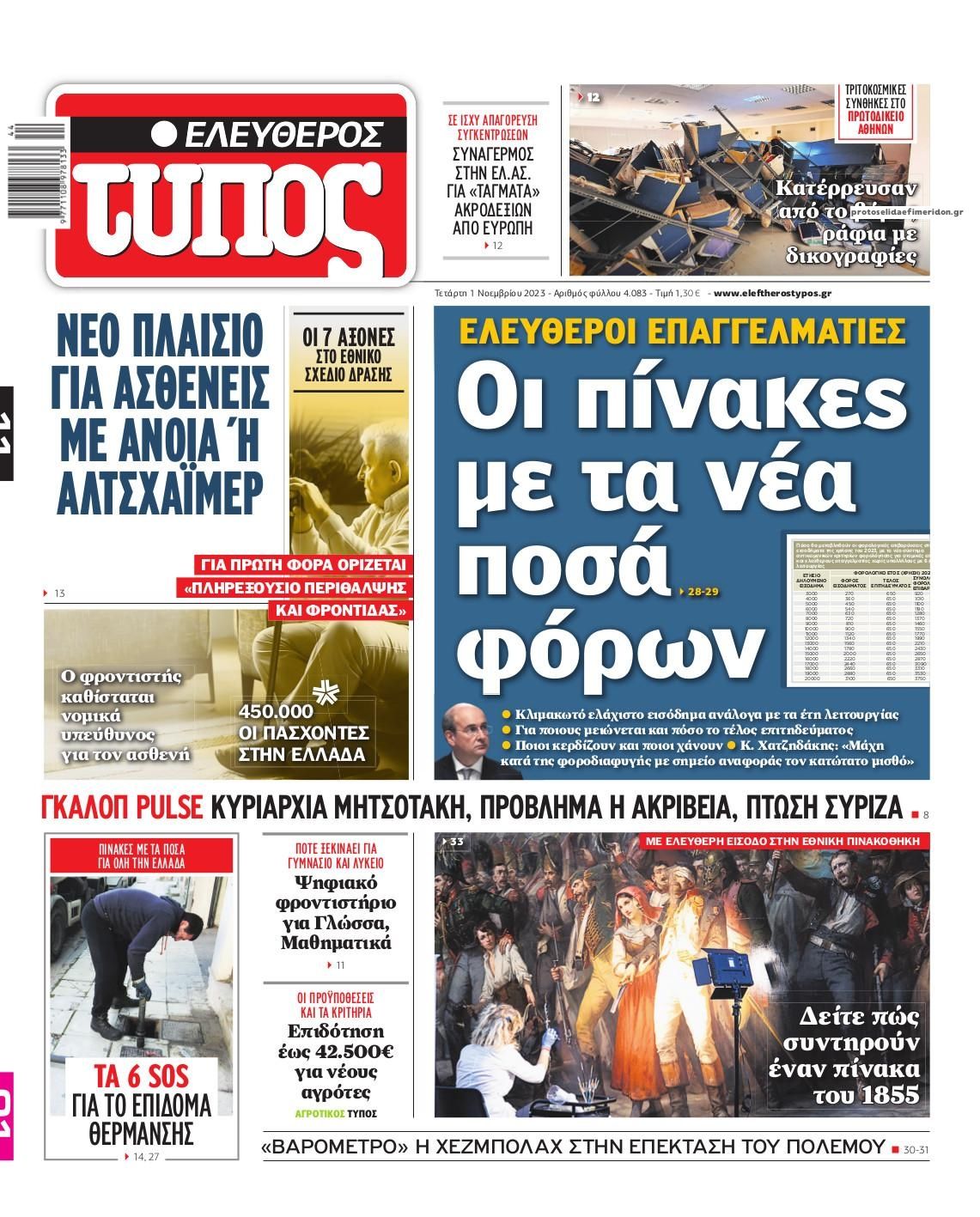 Πρωτοσέλιδο εφημερίδας Ελεύθερος Τύπος