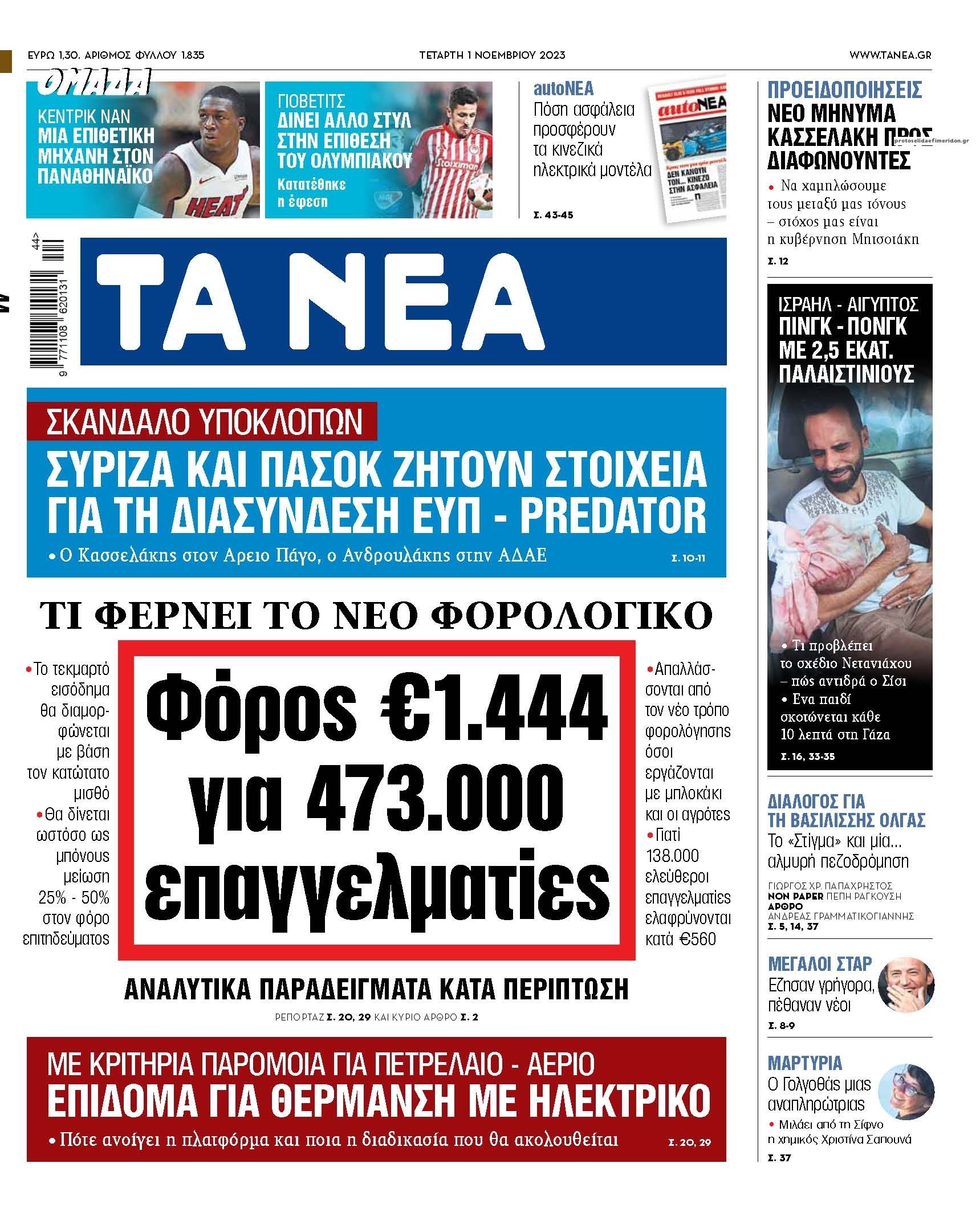Πρωτοσέλιδο εφημερίδας Τα Νέα