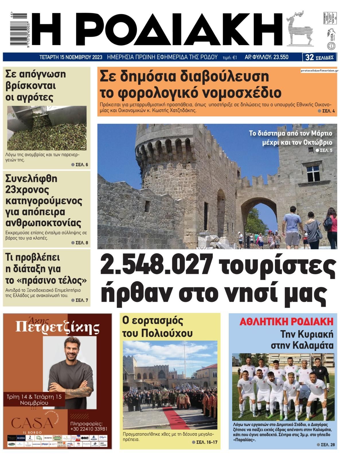 Πρωτοσέλιδο εφημερίδας Ροδιακή