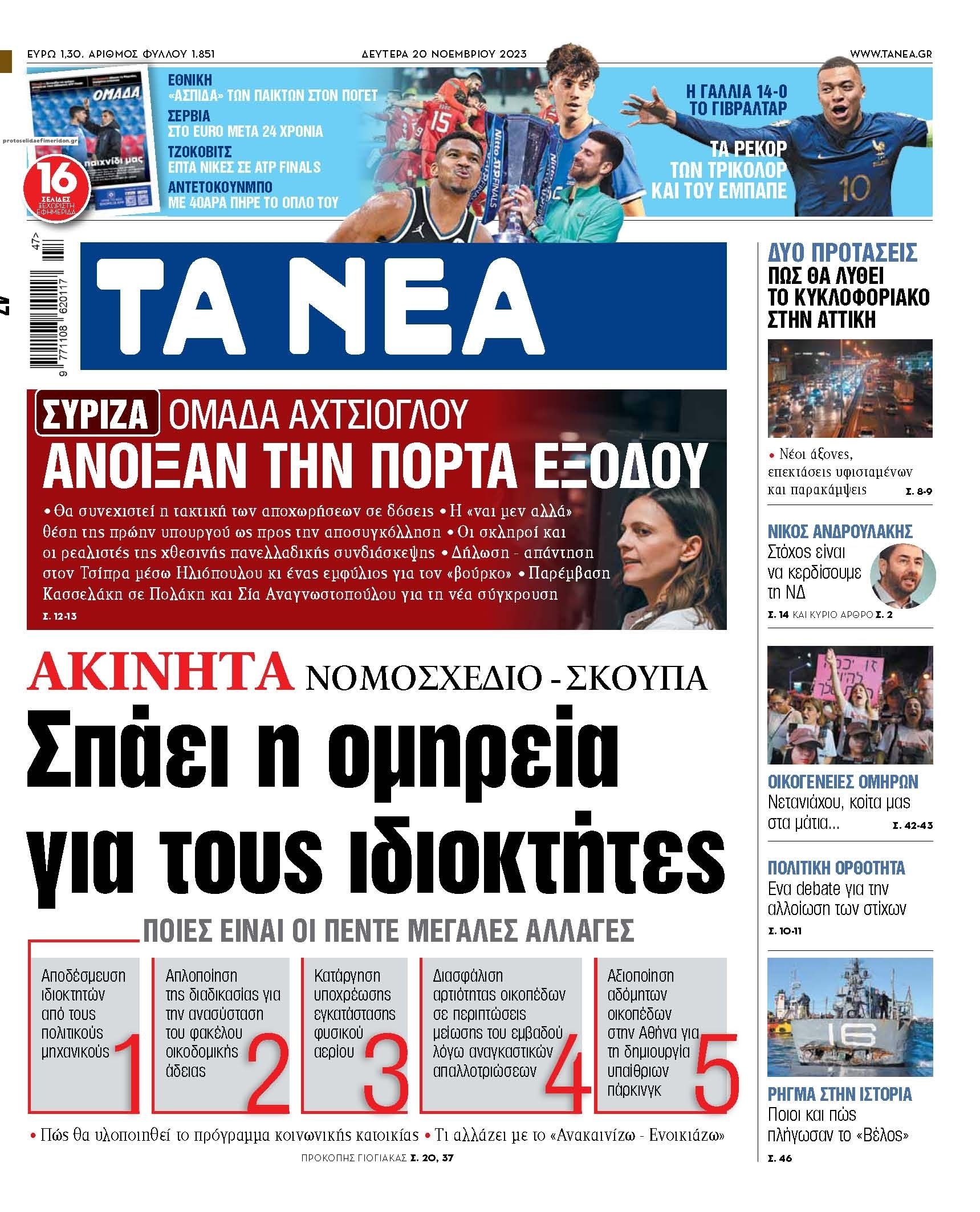 Πρωτοσέλιδο εφημερίδας Τα Νέα