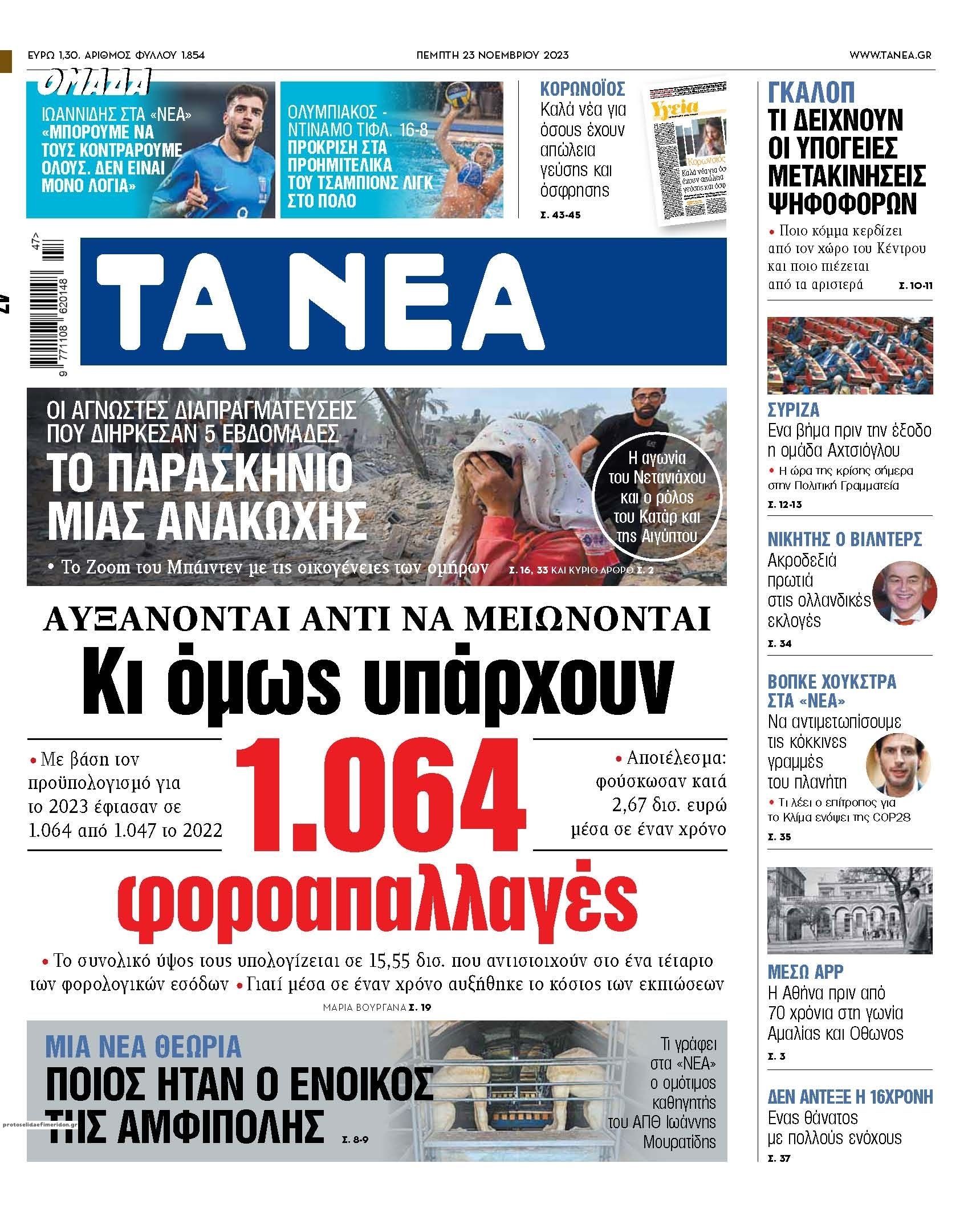 Πρωτοσέλιδο εφημερίδας Τα Νέα