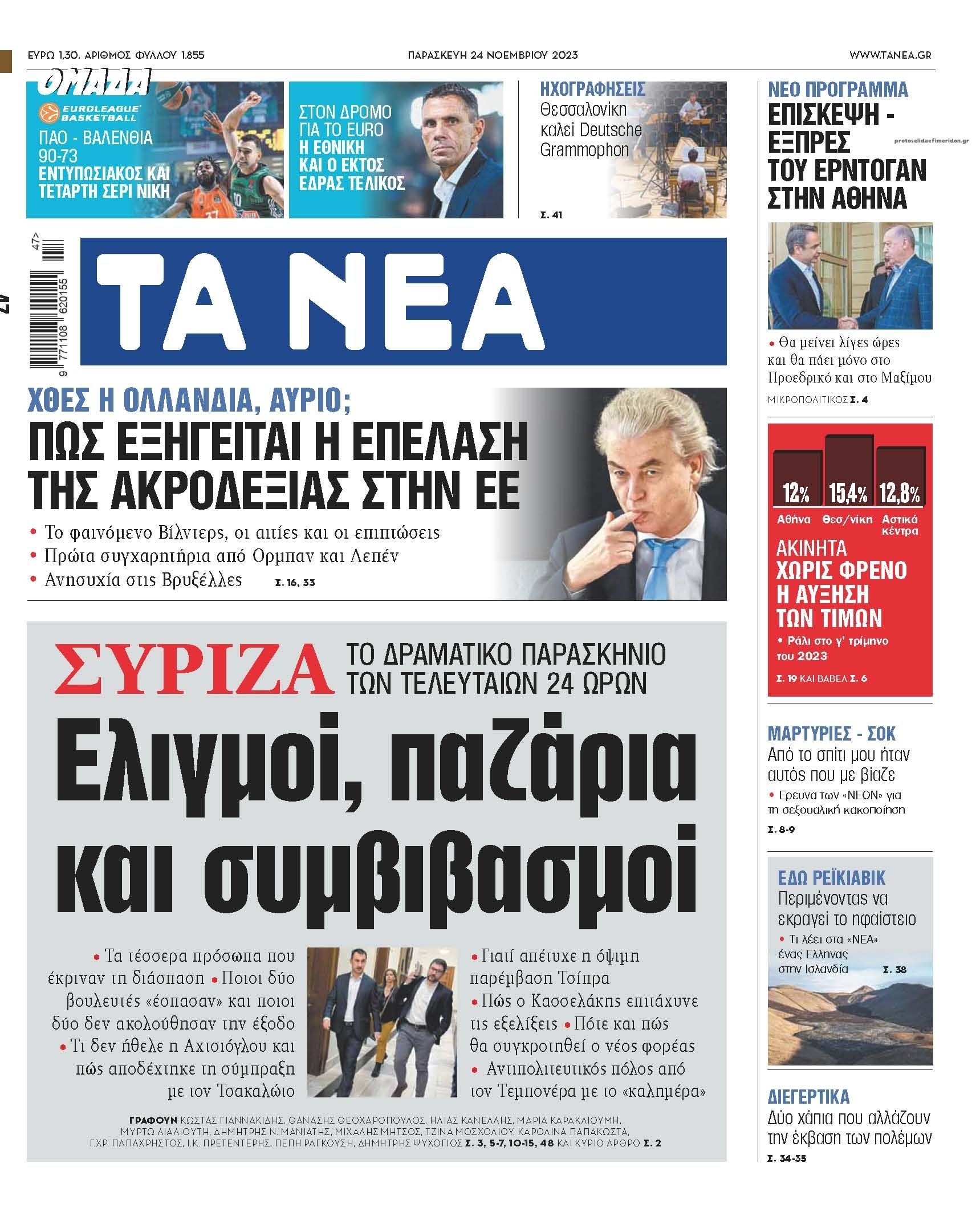 Πρωτοσέλιδο εφημερίδας Τα Νέα