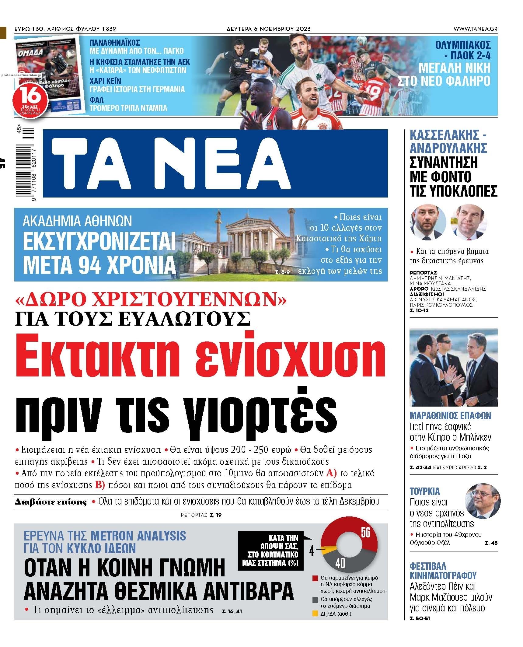 Πρωτοσέλιδο εφημερίδας Τα Νέα