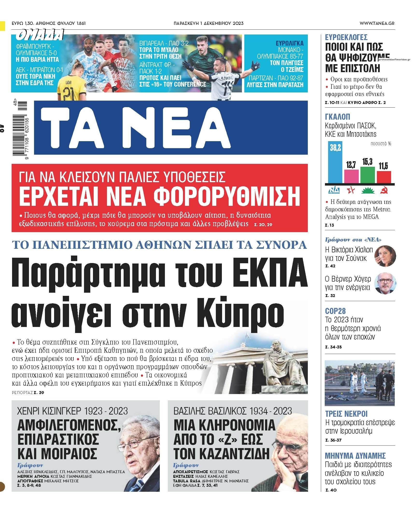Πρωτοσέλιδο εφημερίδας Τα Νέα