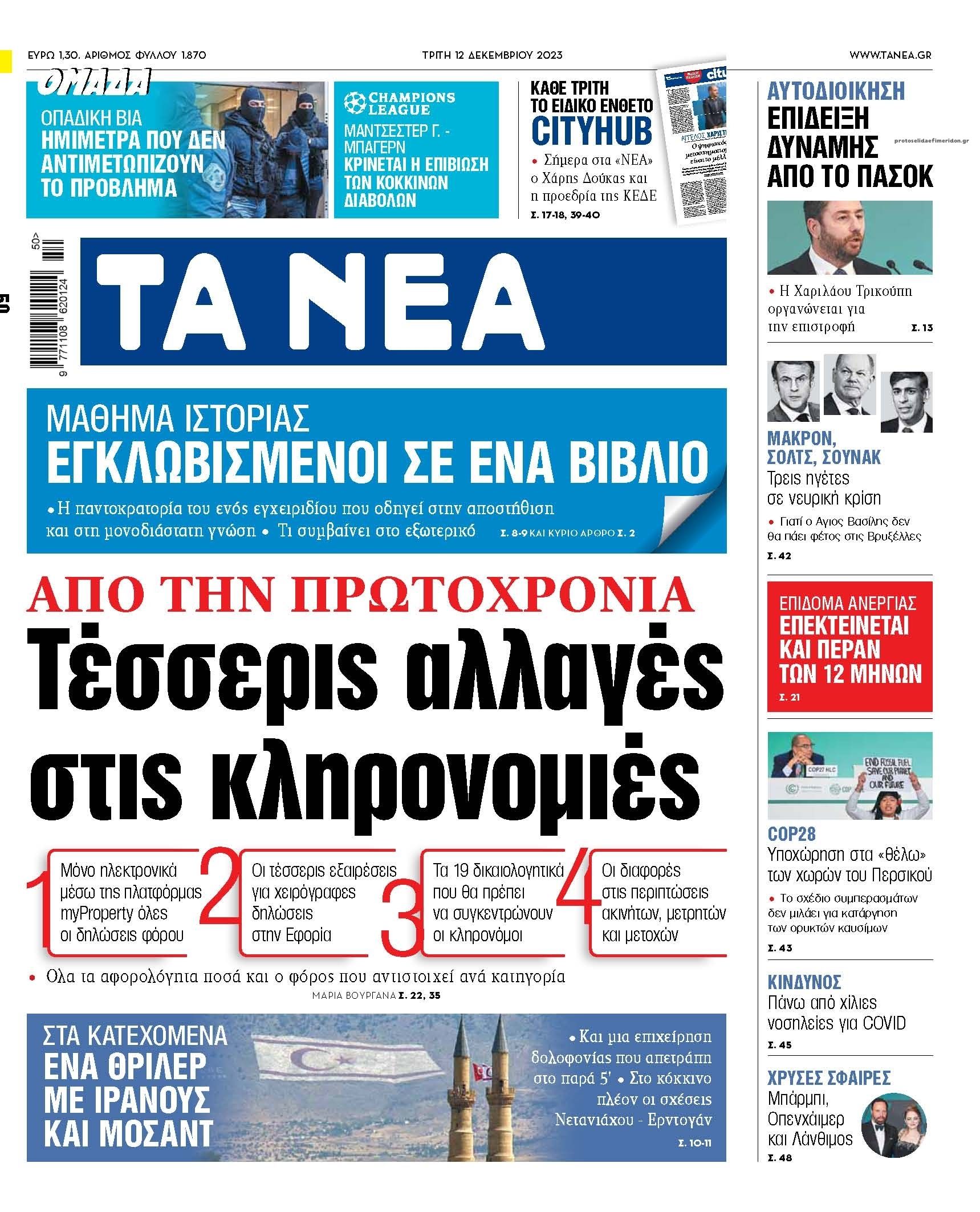Πρωτοσέλιδο εφημερίδας Τα Νέα