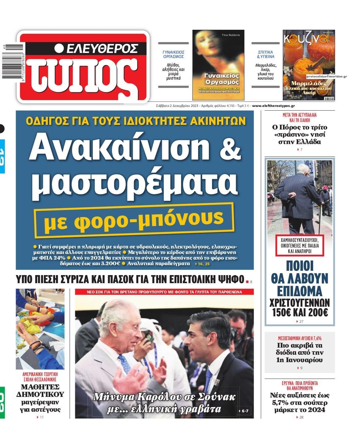 Πρωτοσέλιδο εφημερίδας Ελεύθερος Τύπος