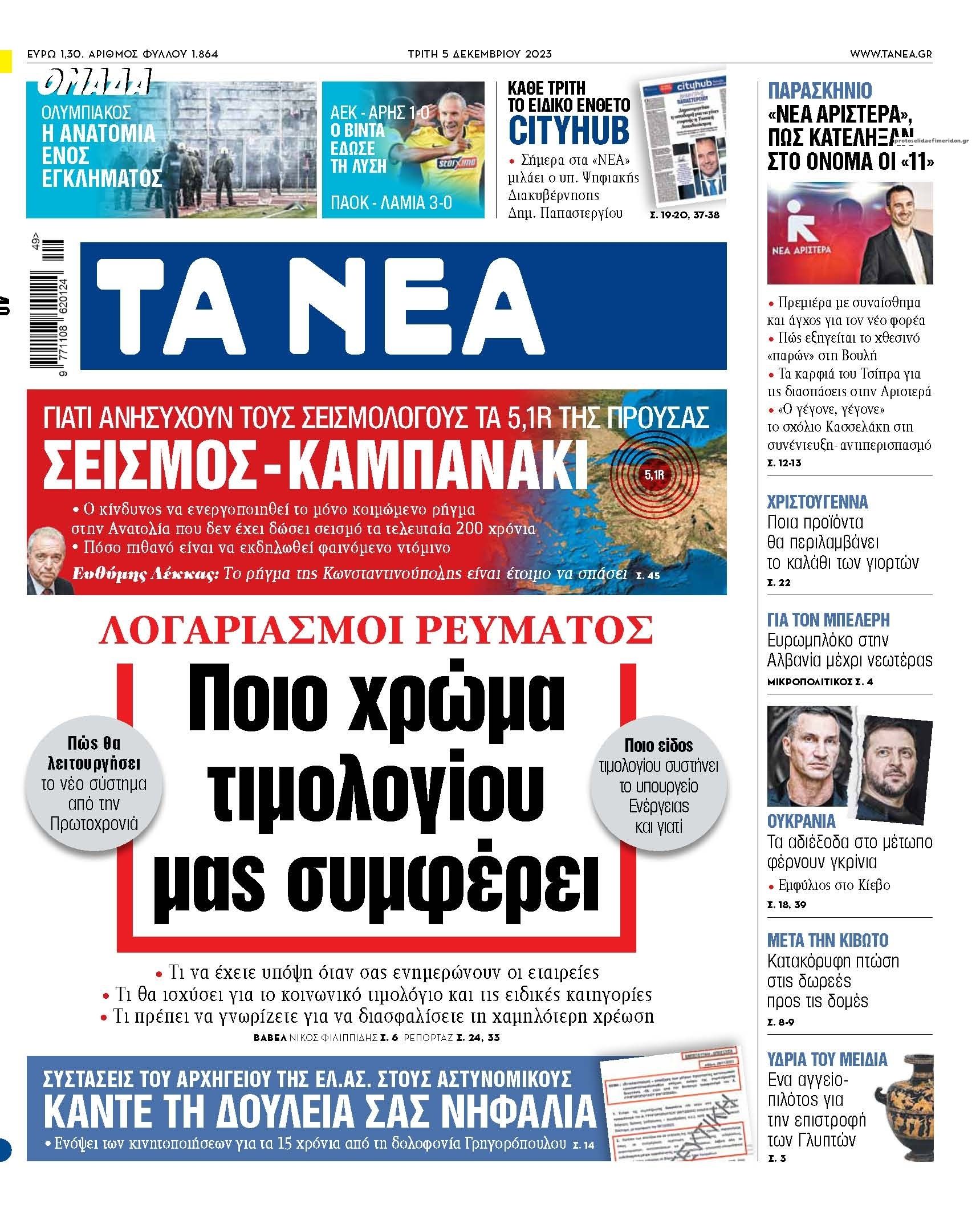 Πρωτοσέλιδο εφημερίδας Τα Νέα